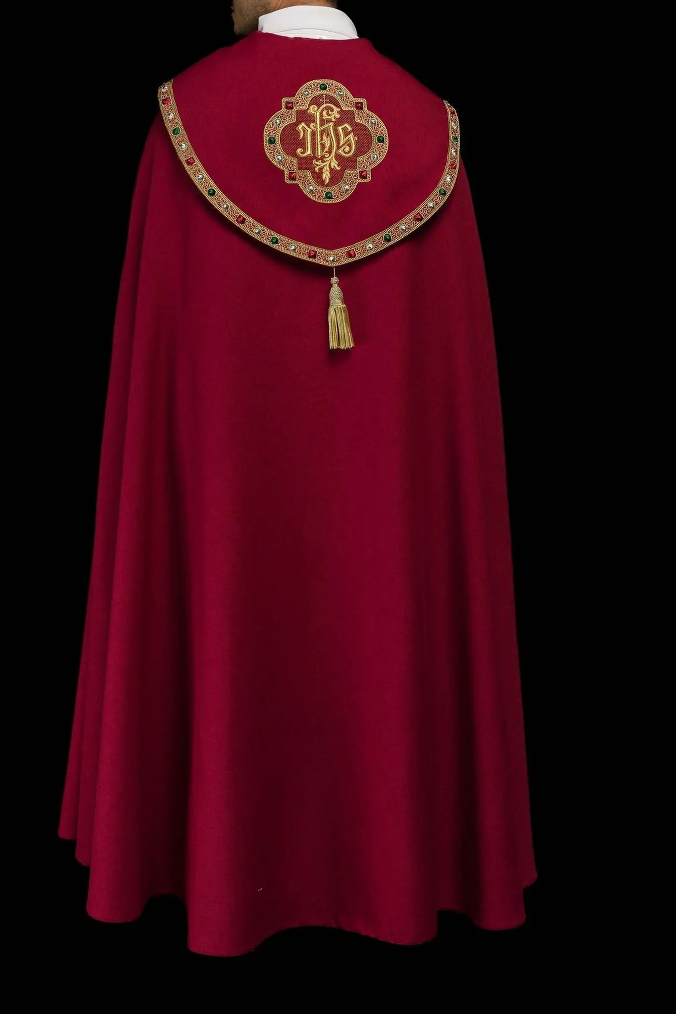 Red liturgical cape with gold IHS