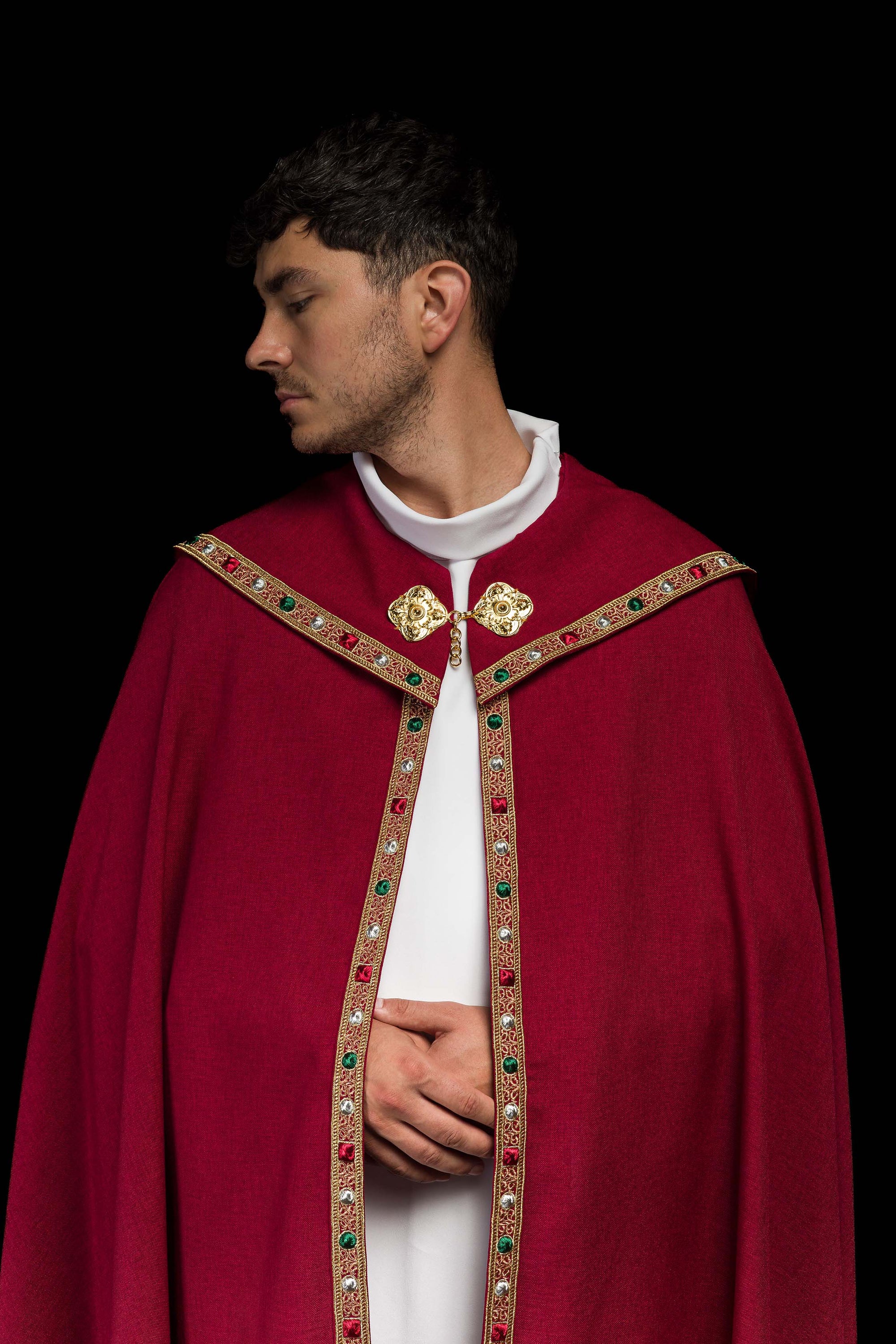 Red liturgical cape with gold IHS