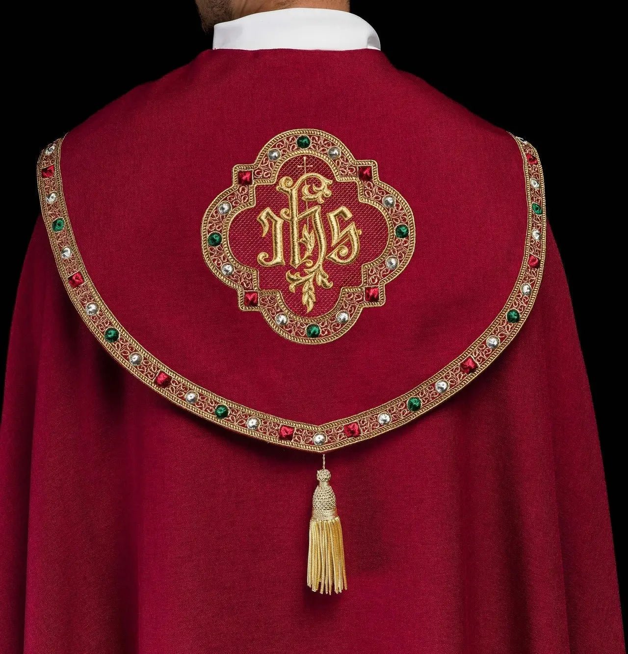 Red liturgical cape with gold IHS
