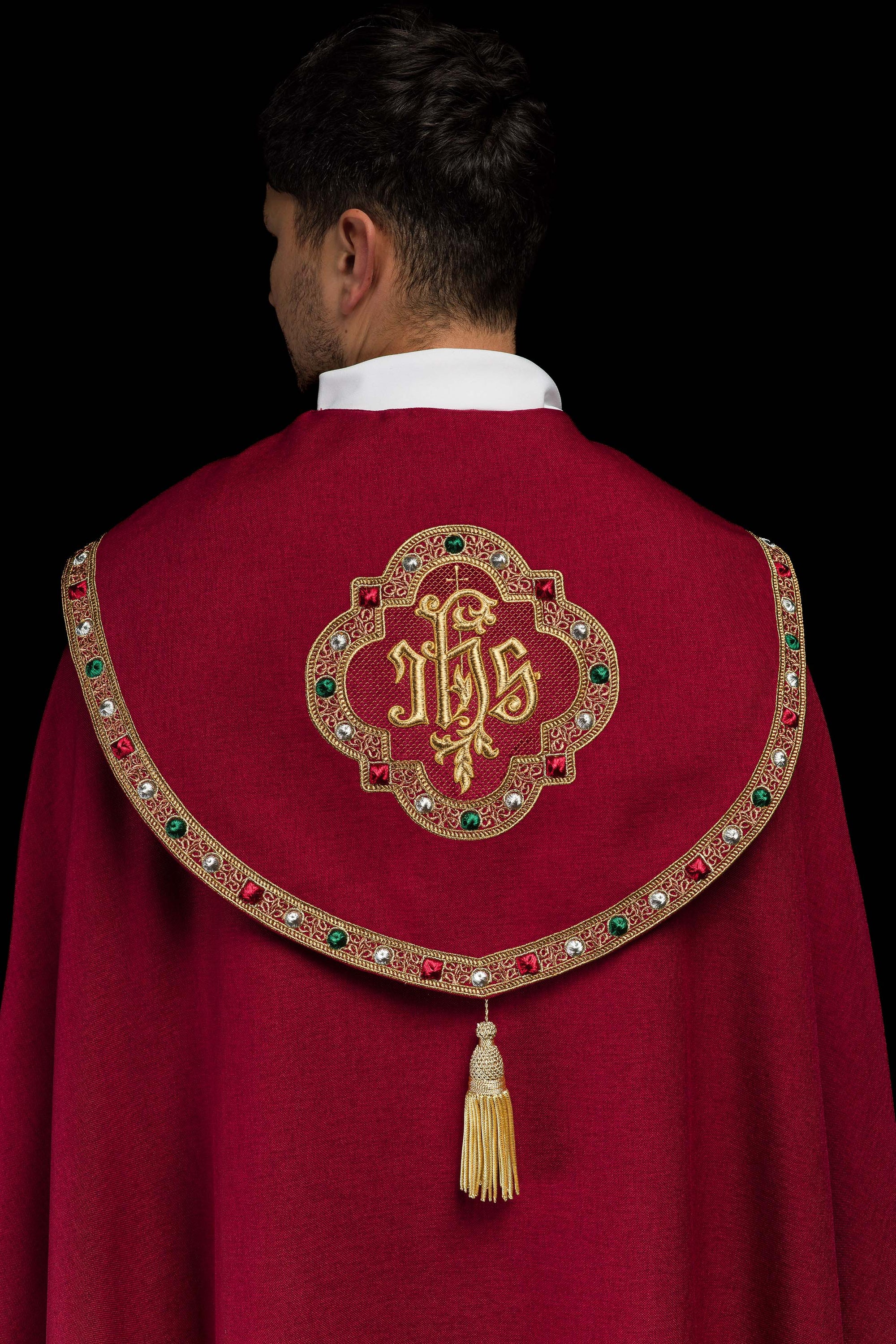 Red liturgical cape with gold IHS