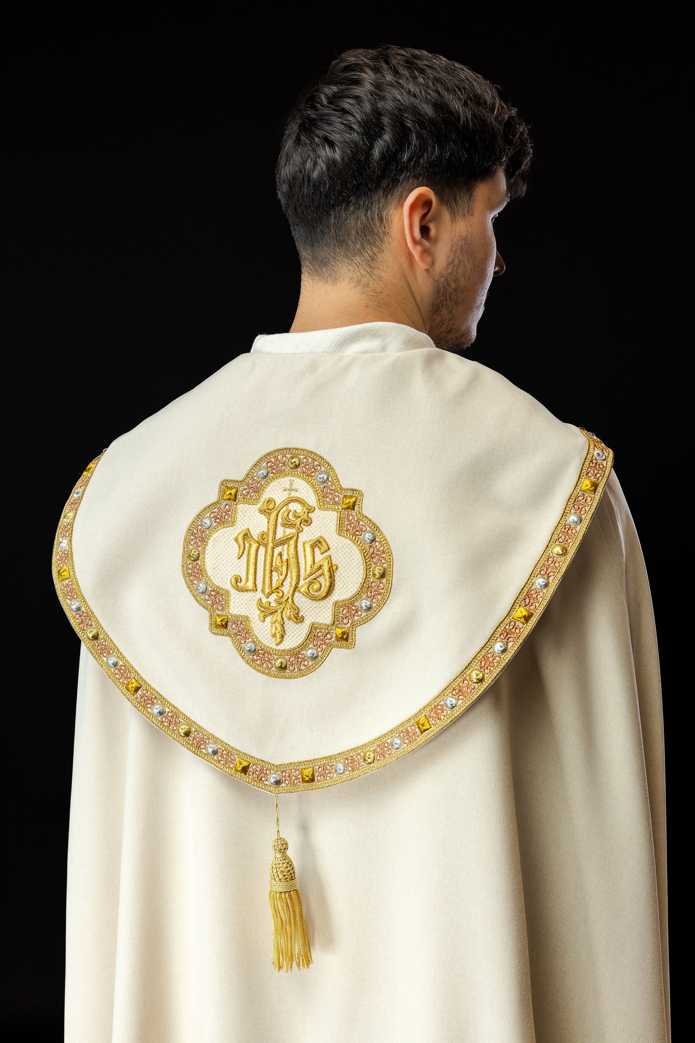 Ecru liturgical cape with gold IHS