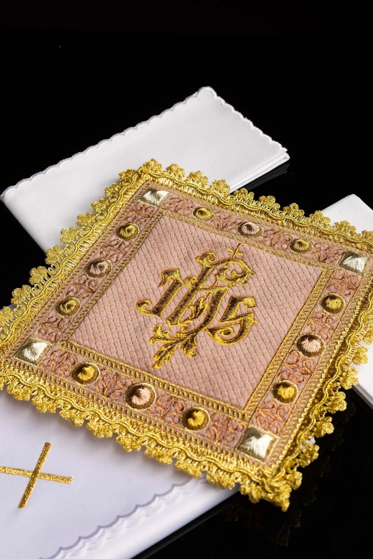 Velvet Pink Chalice Linen Set with Embroidered IHS Symbol