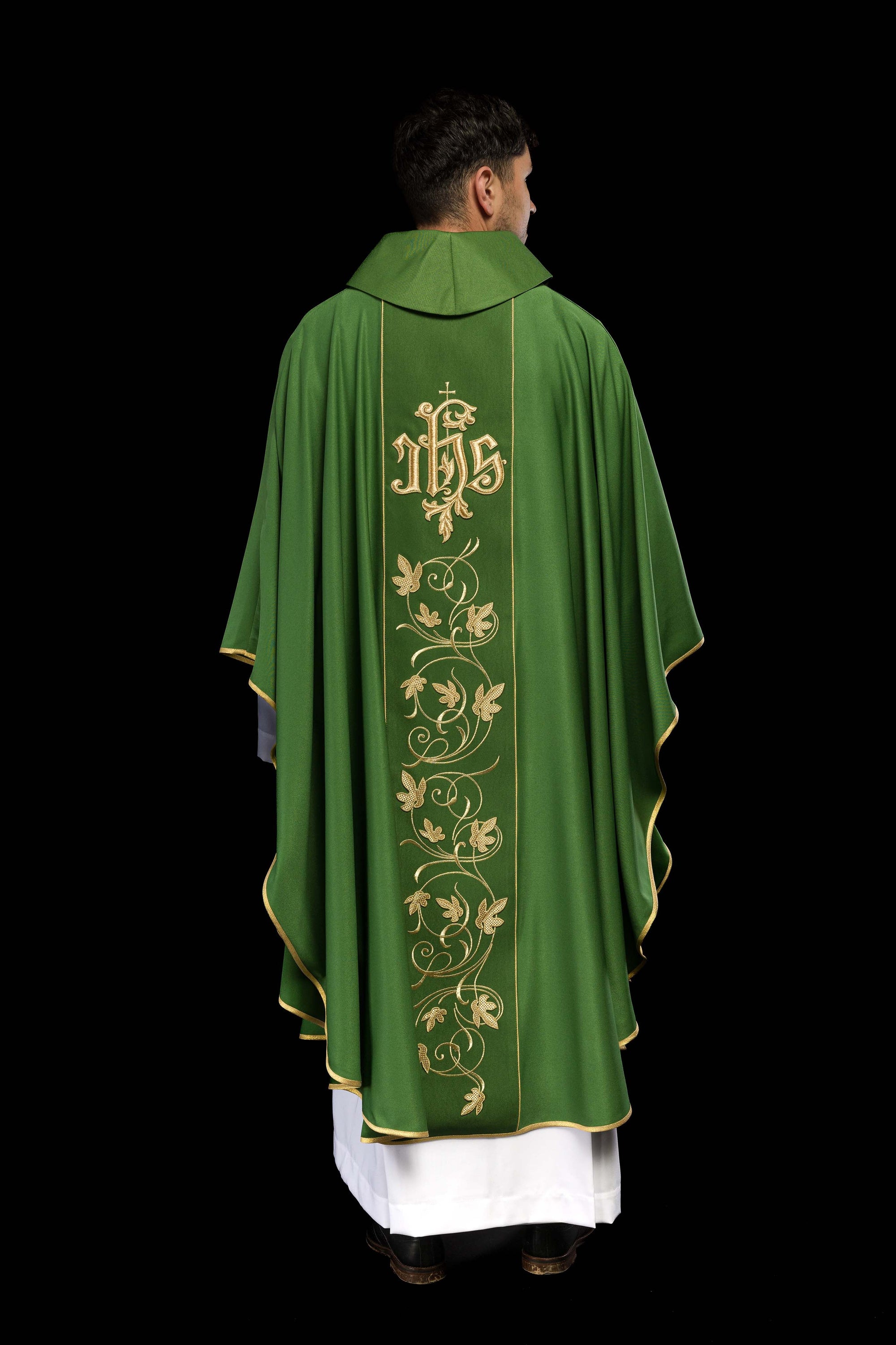 Green liturgical chasuble with richly decorated belt with floral motif and IHS