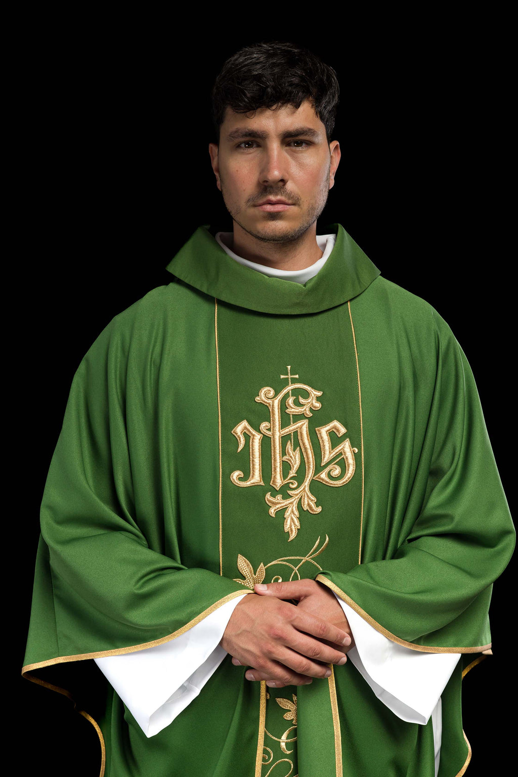 Green liturgical chasuble with richly decorated belt with floral motif and IHS