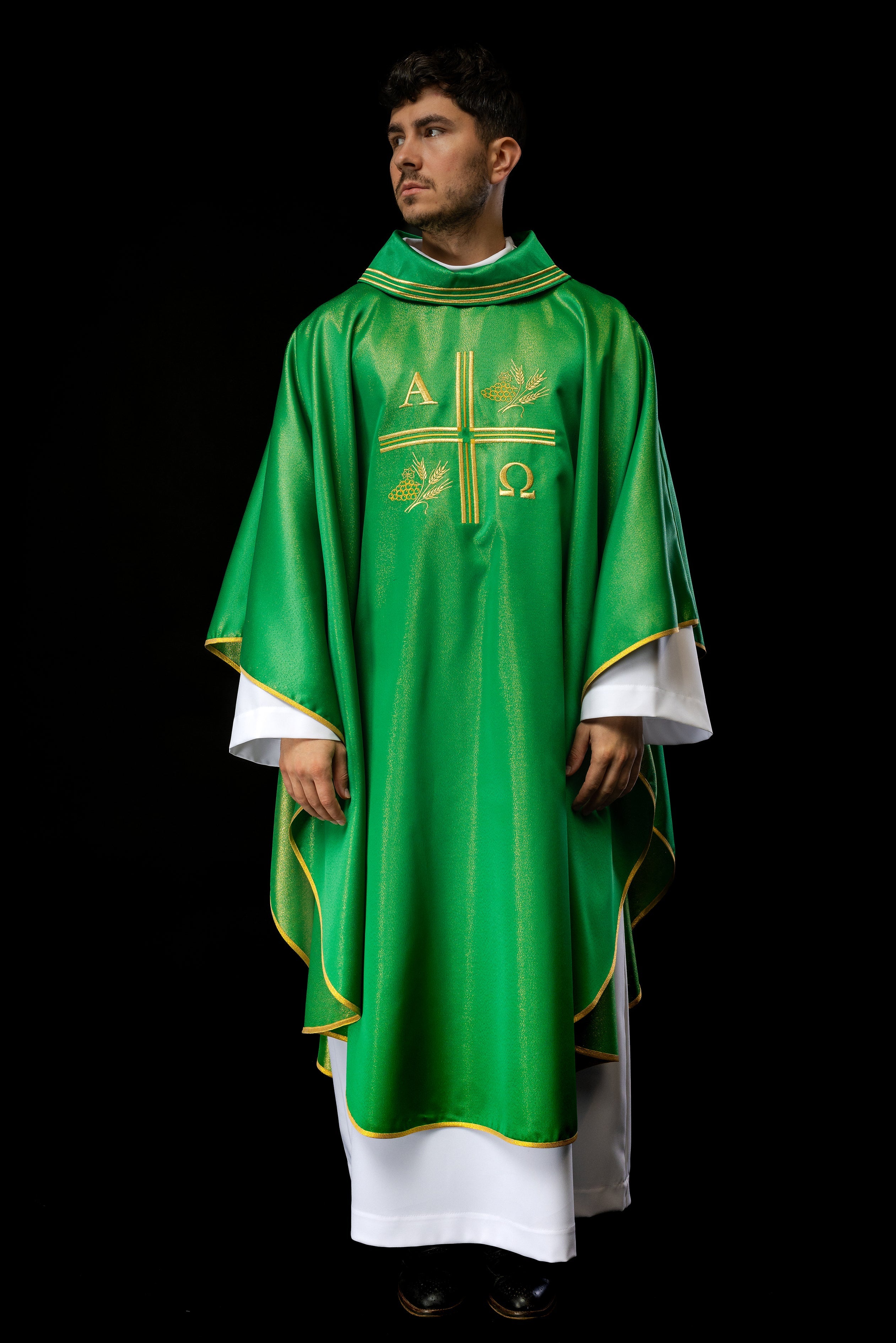 Chasuble with embroidered cross, Alpha and Omega motifs and ears in green