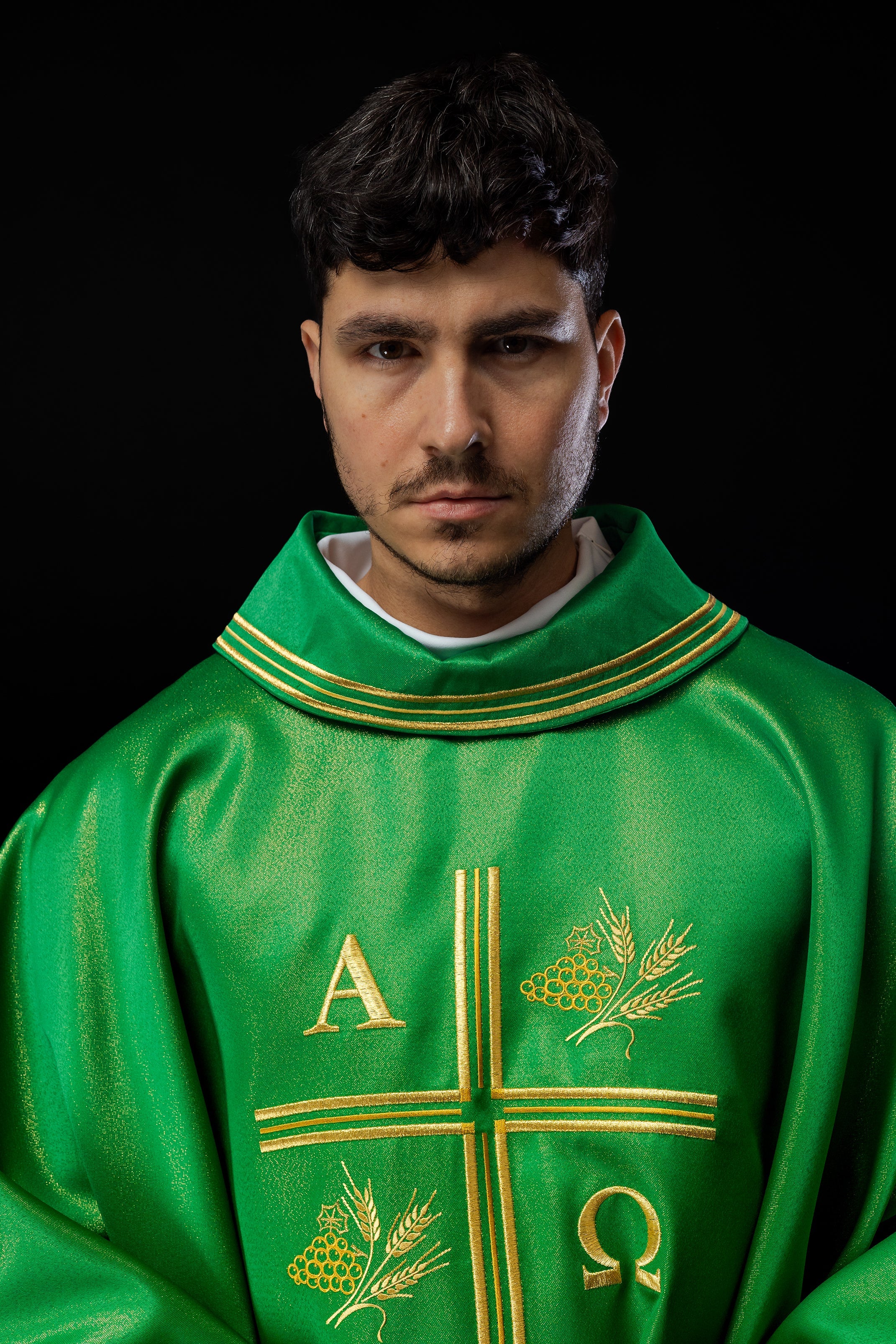 Chasuble with embroidered cross, Alpha and Omega motifs and ears in green