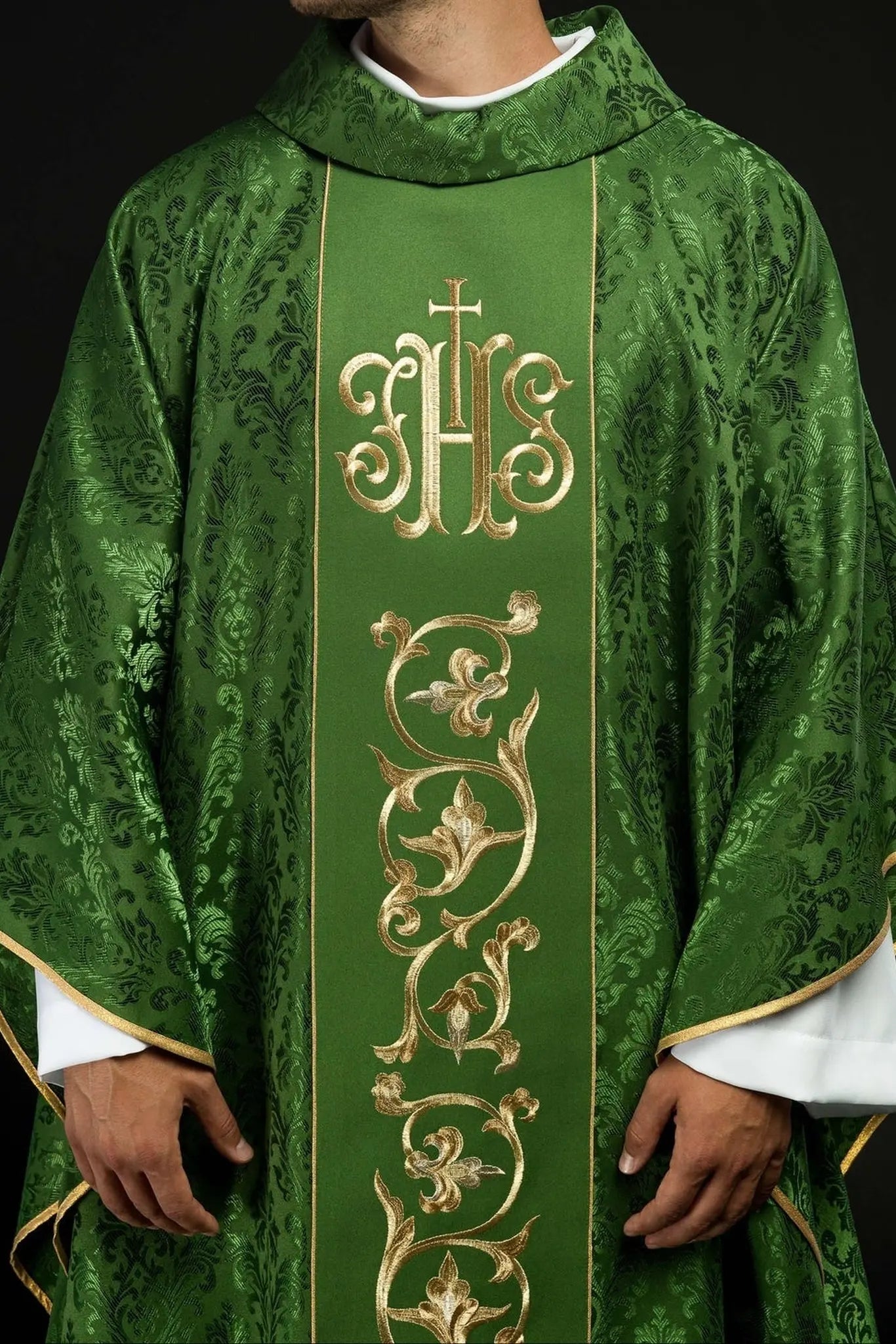 Green liturgical chasuble with richly decorated IHS belt