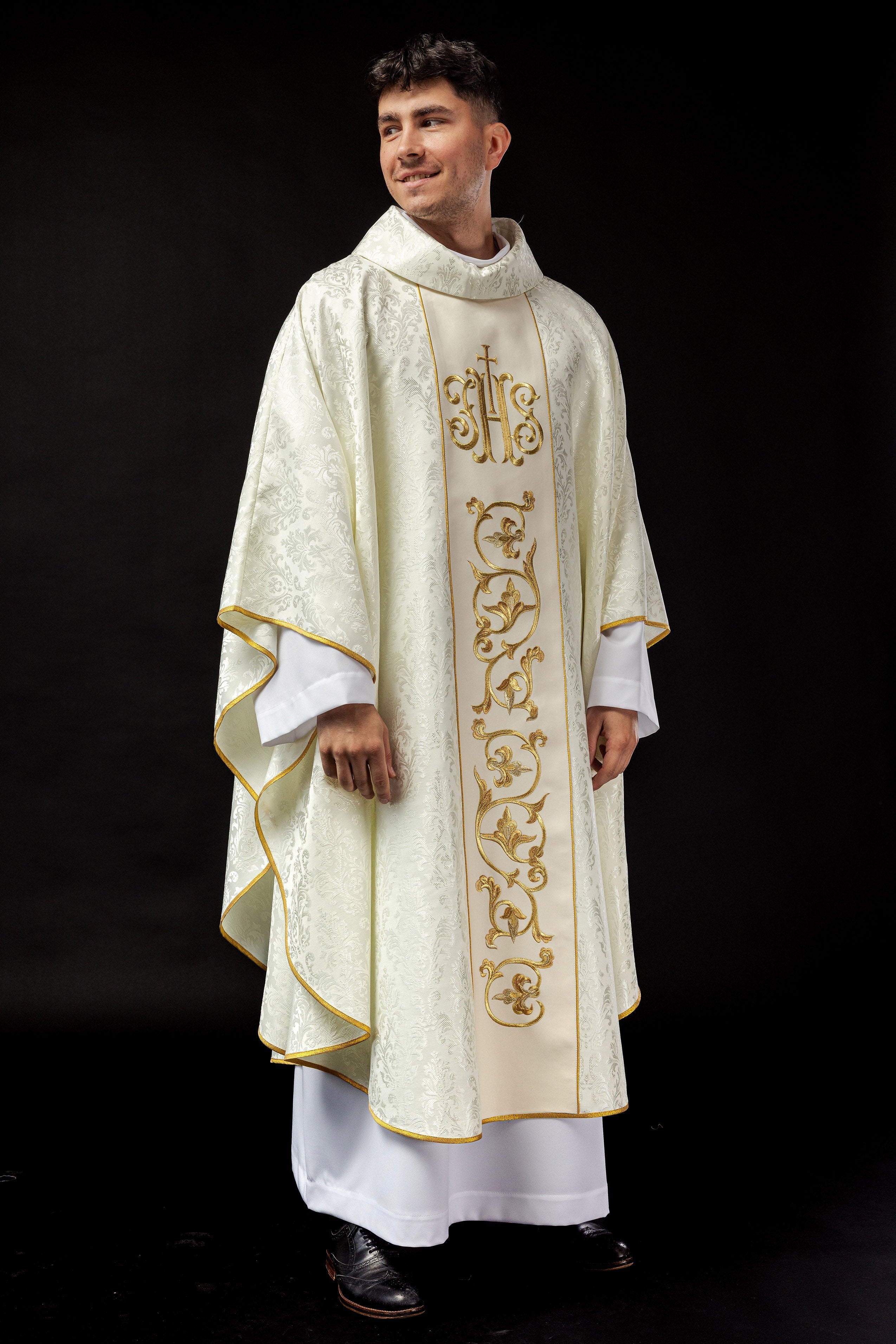 Ecru liturgical chasuble with richly decorated IHS belt