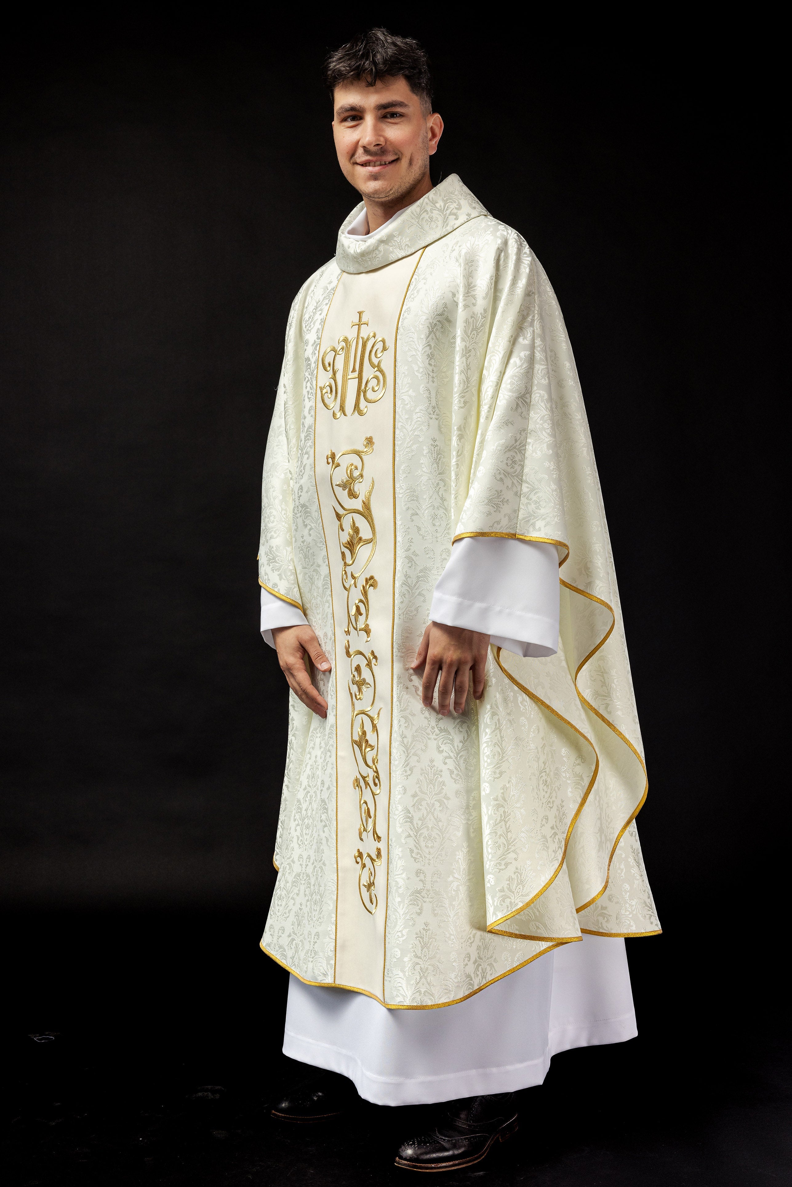 Ecru liturgical chasuble with richly decorated IHS belt