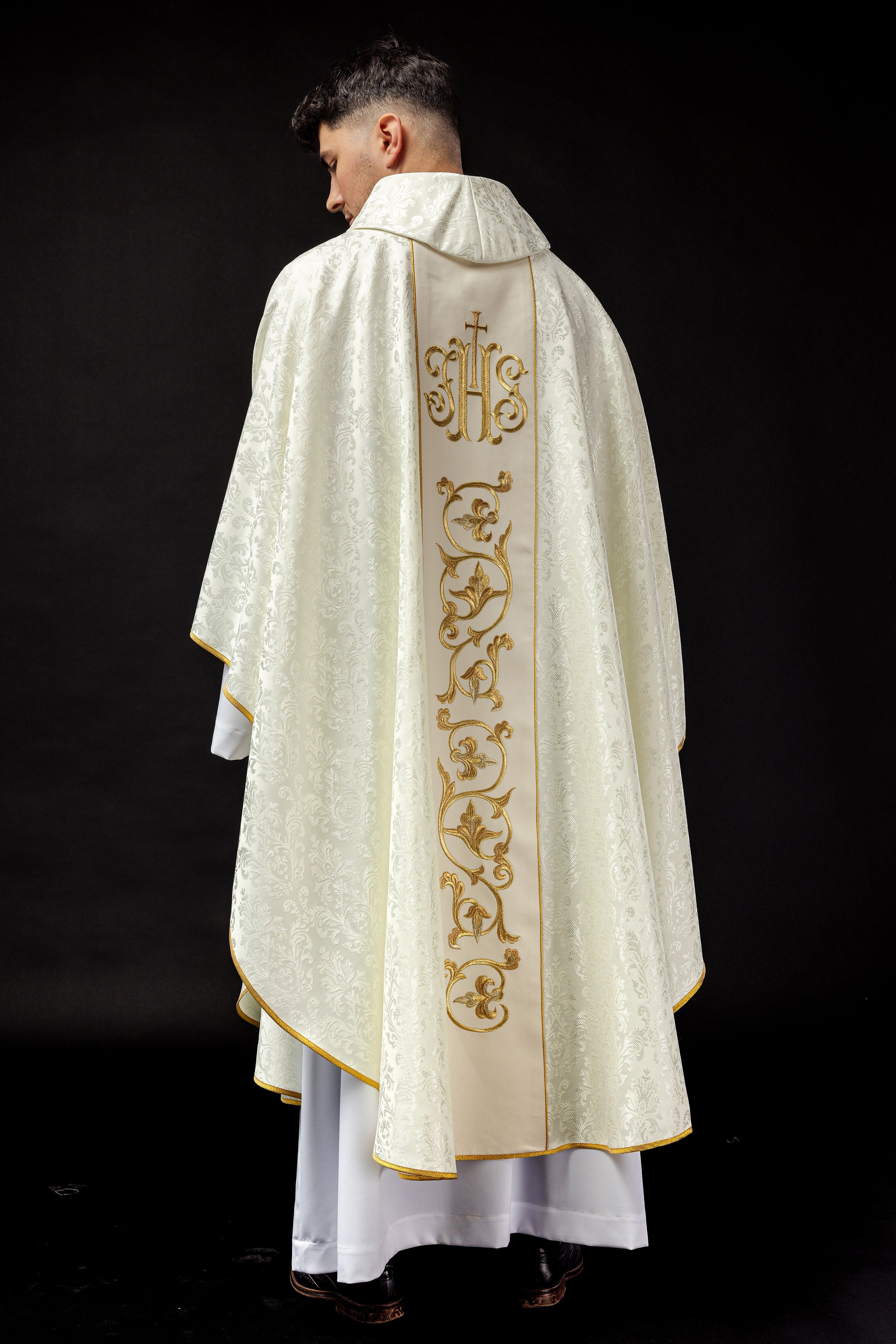 Ecru liturgical chasuble with richly decorated IHS belt