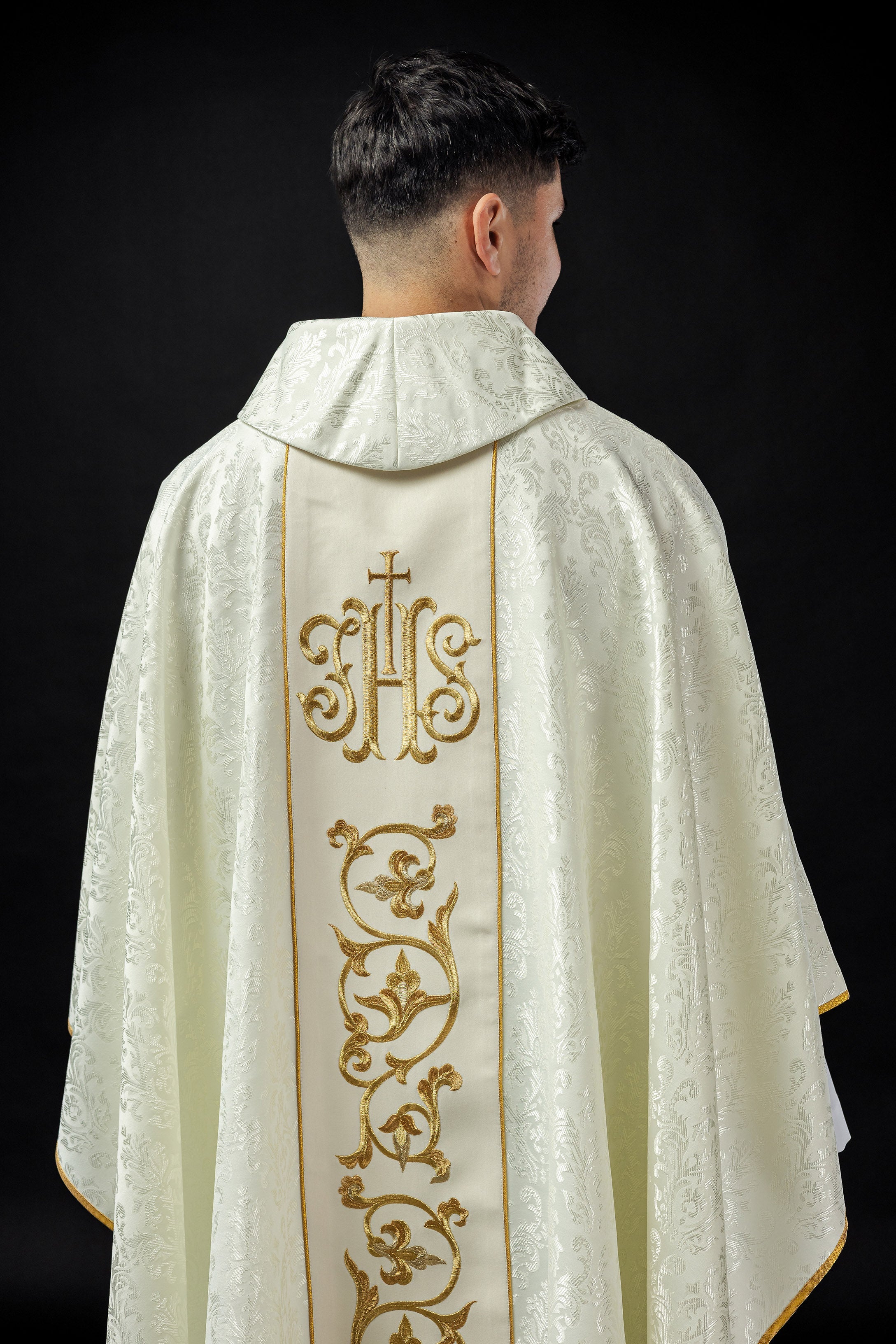 Ecru liturgical chasuble with richly decorated IHS belt