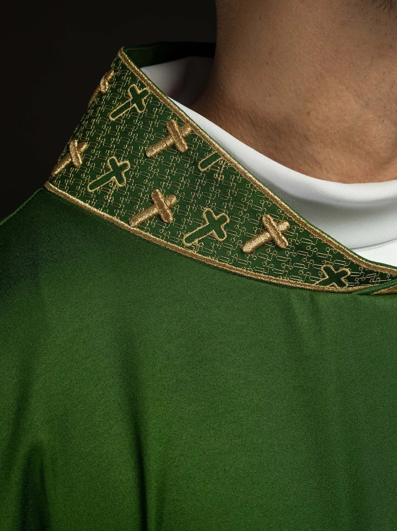 Chasuble with richly embroidered cross and collar in green
