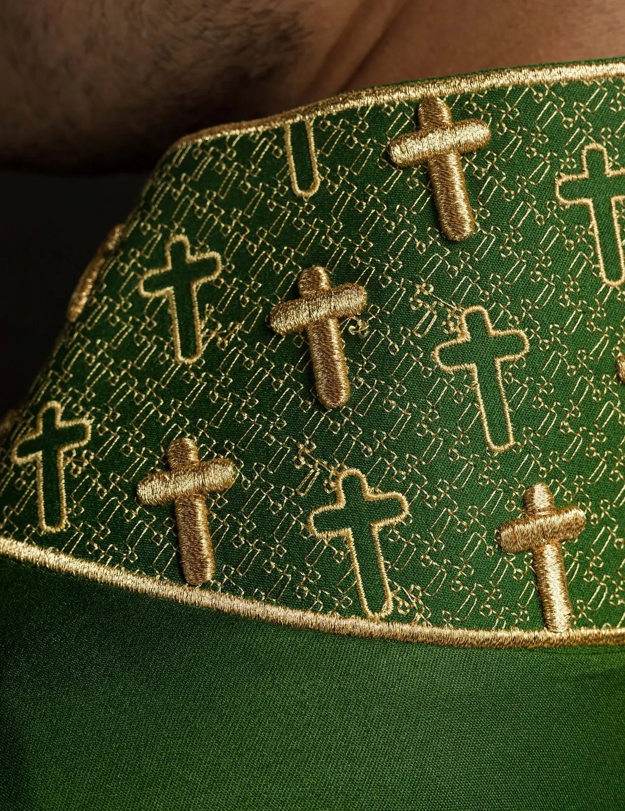 Chasuble with richly embroidered cross and collar in green