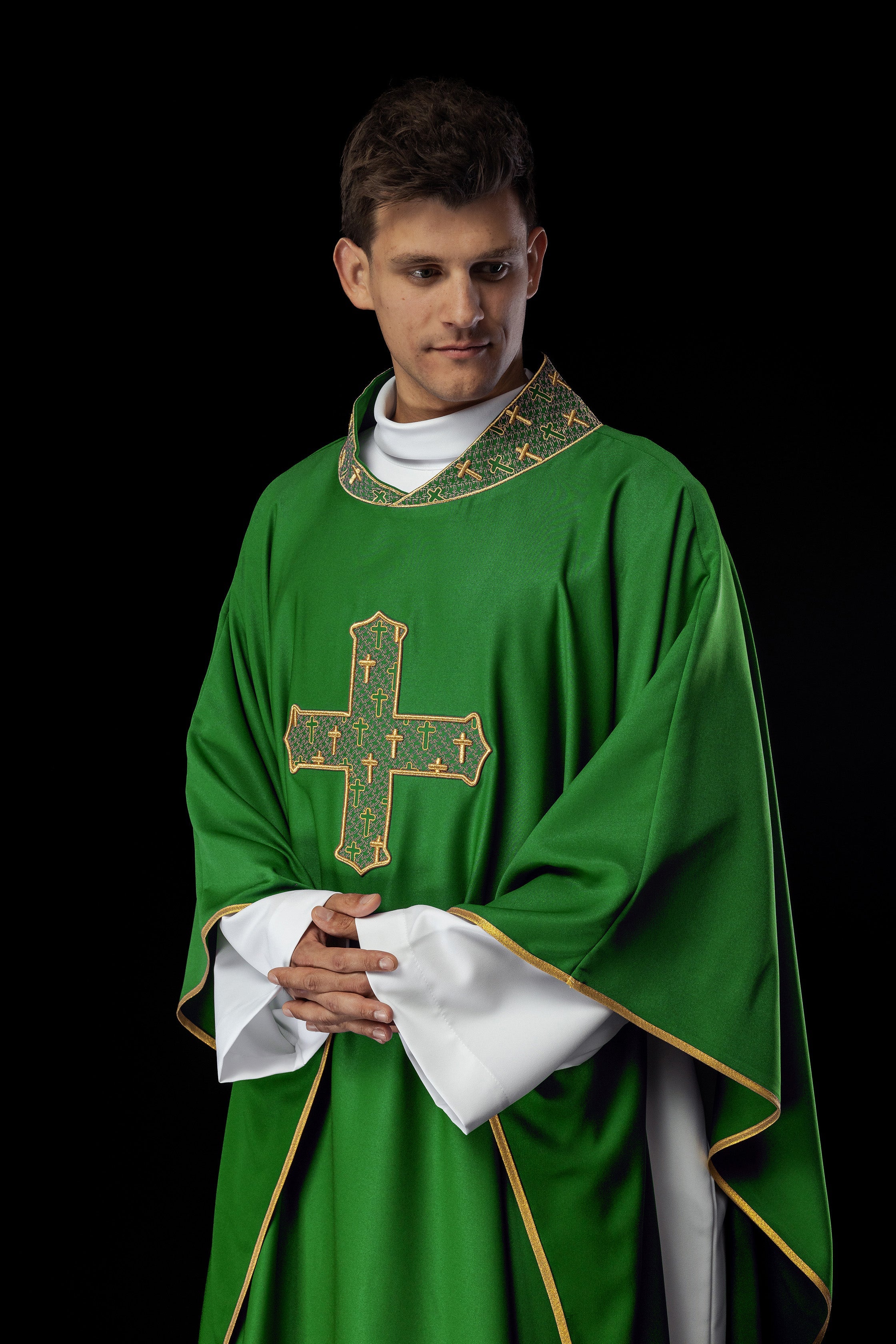 Chasuble with richly embroidered cross and collar in green