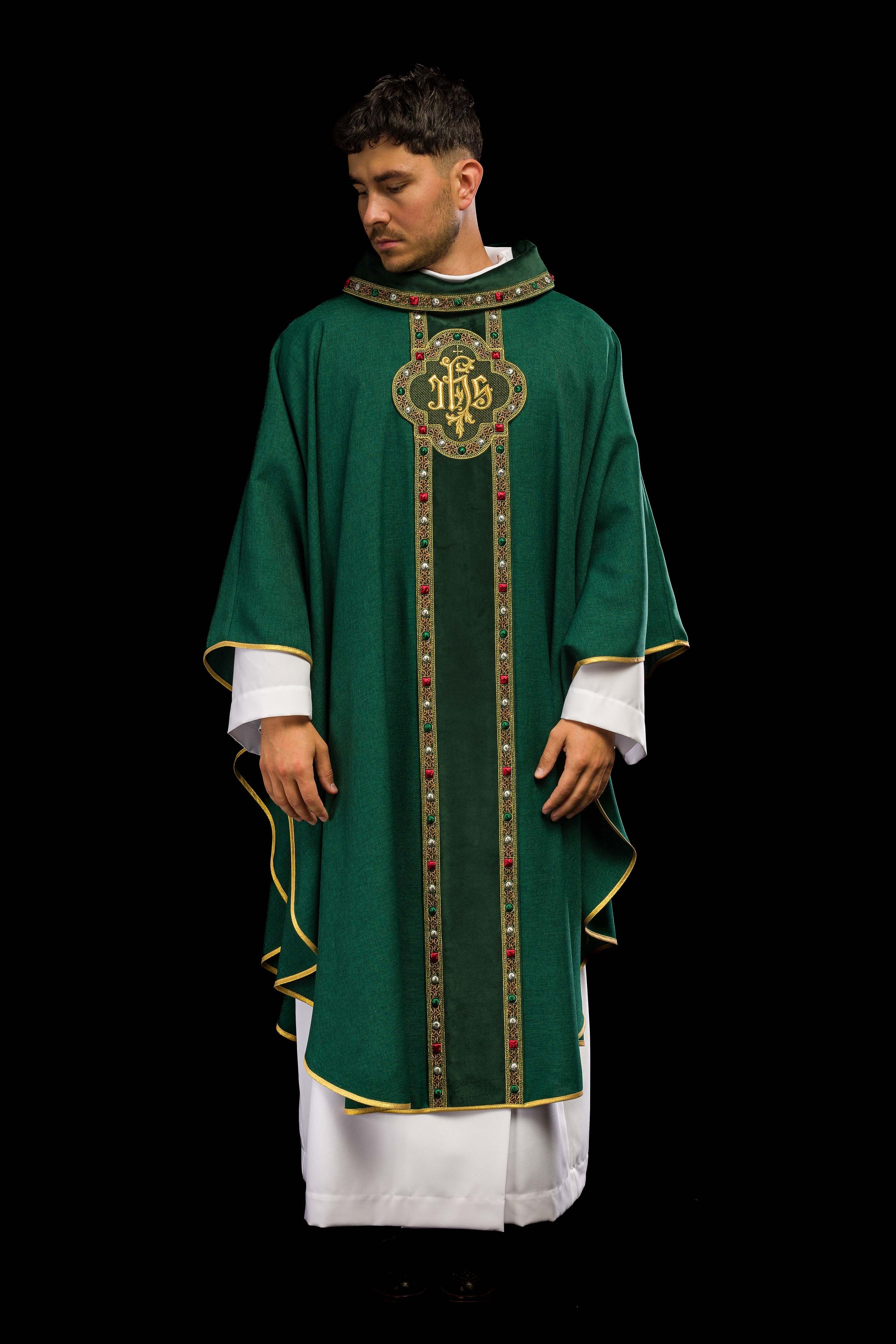 Chasuble with richly embroidered belt and piping around IHS embroidery and collar in green