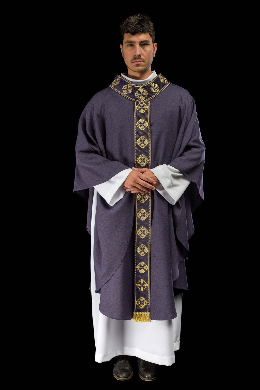 Purple chasuble with embroidered belt and cross collar