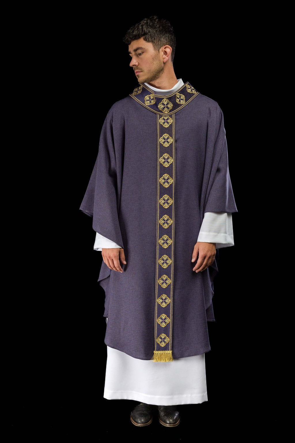 Purple chasuble with embroidered belt and cross collar