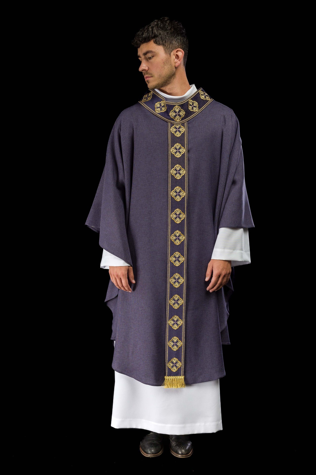 Purple chasuble with embroidered belt and cross collar