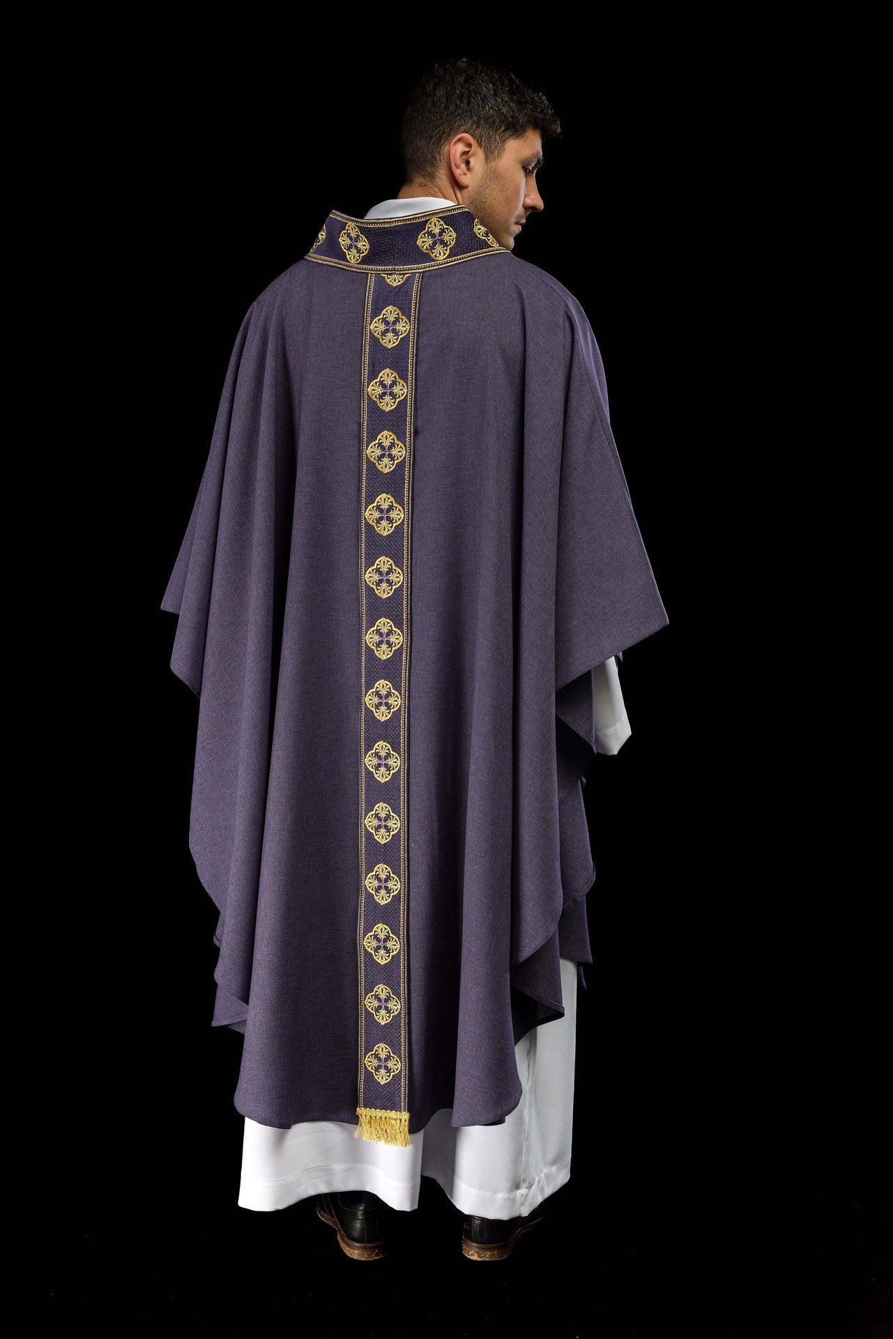 Purple chasuble with embroidered belt and cross collar