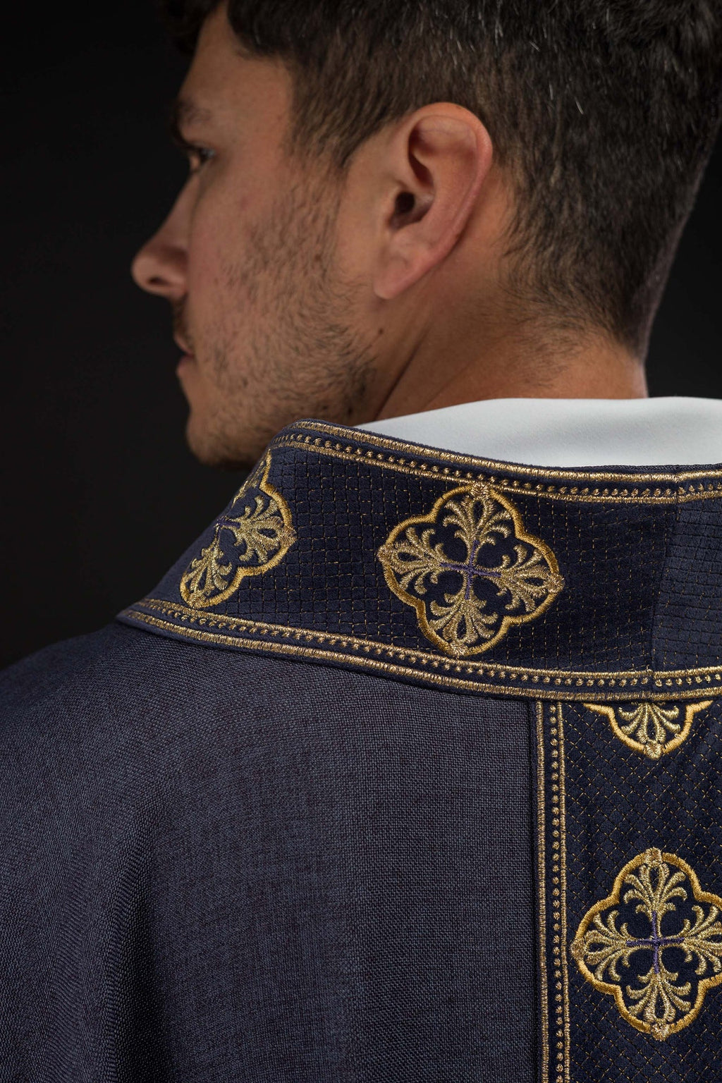 Purple chasuble with embroidered belt and cross collar