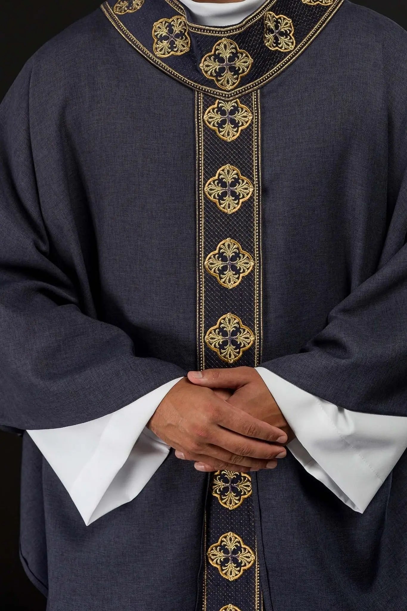 Purple chasuble with embroidered belt and cross collar