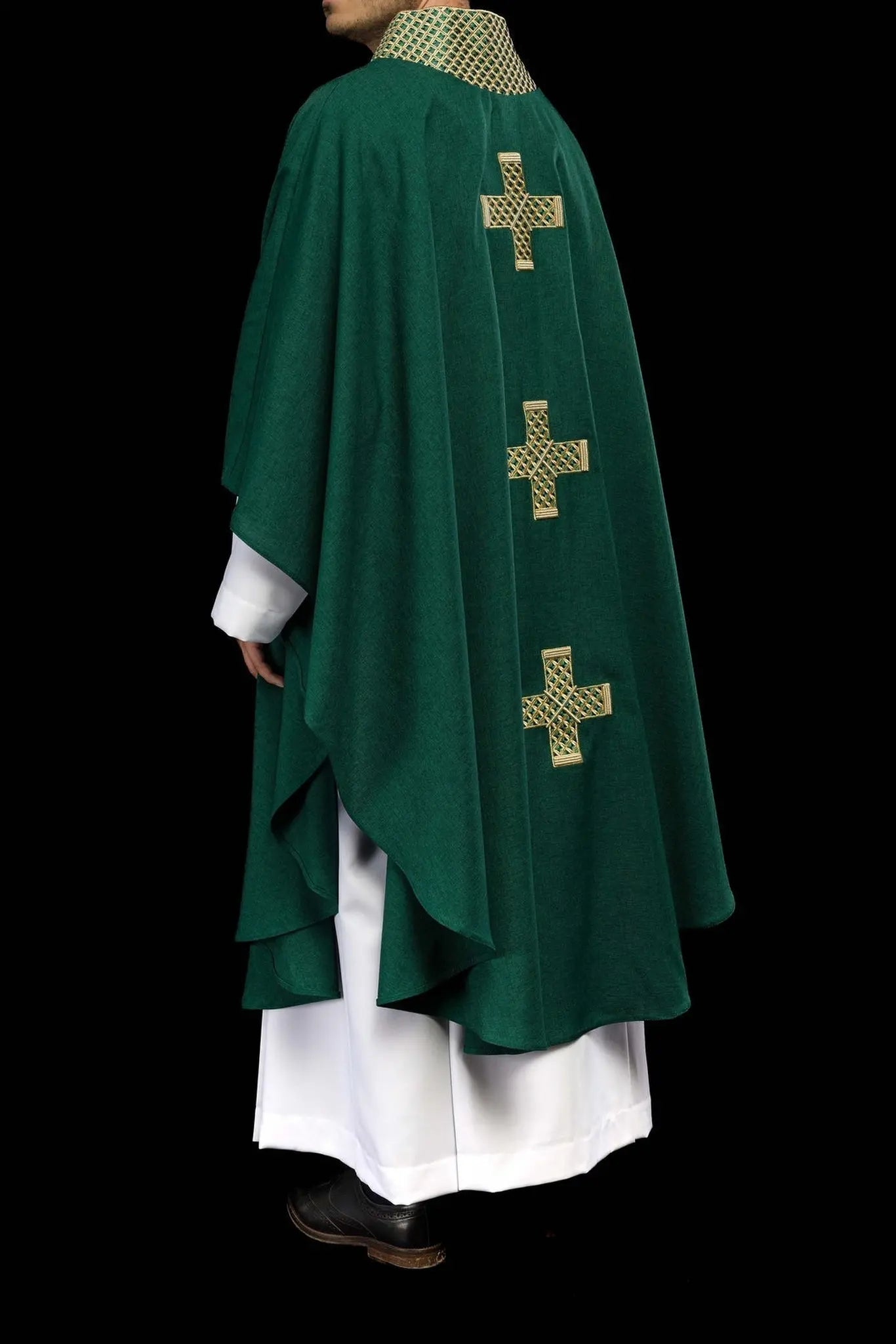 Green chasuble with embroidered gold crosses and collar