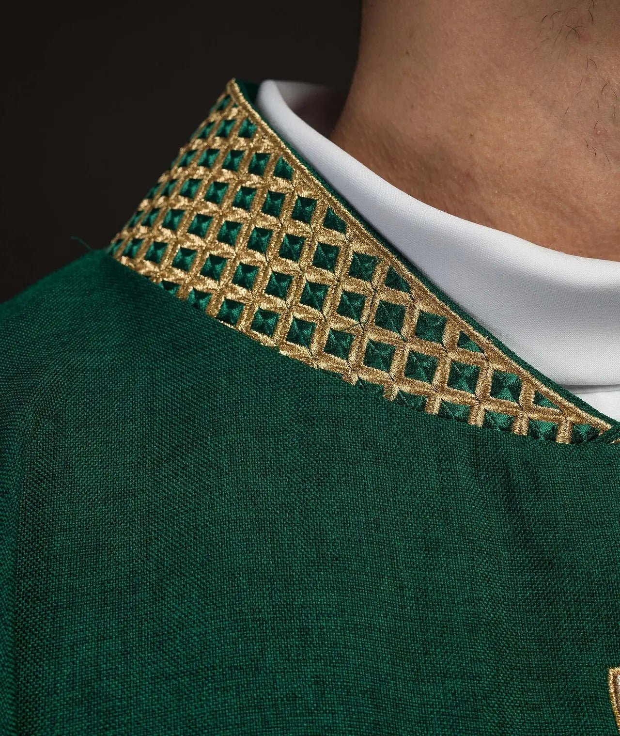 Green chasuble with embroidered gold crosses and collar