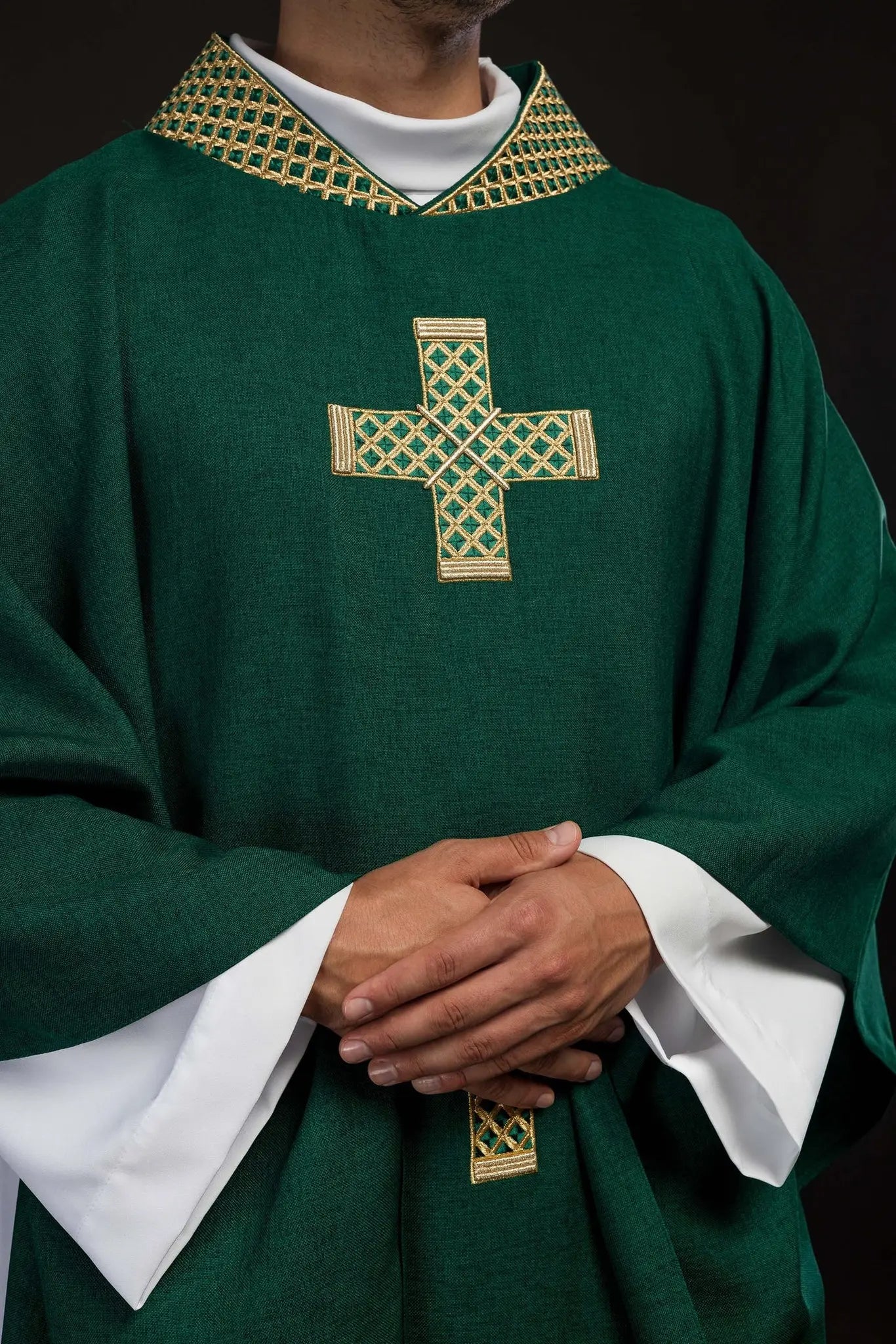 Green chasuble with embroidered gold crosses and collar