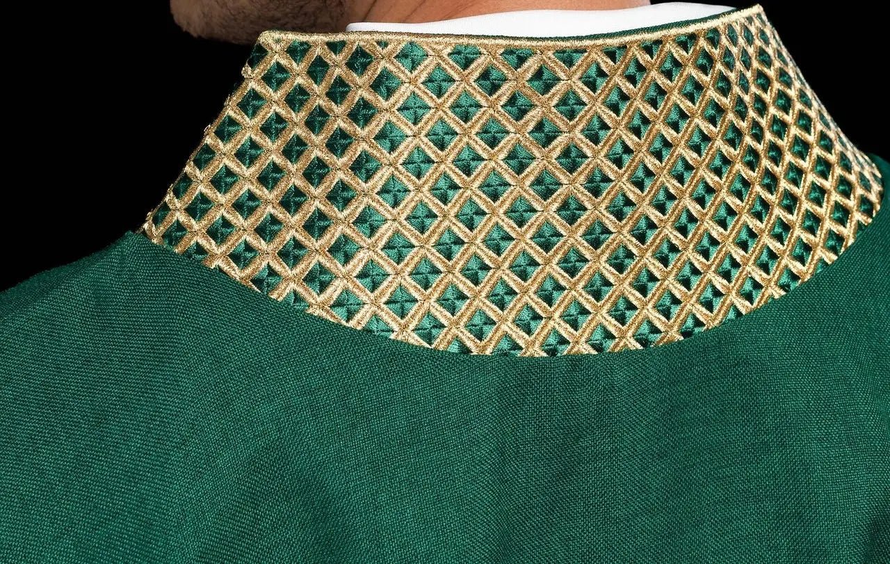 Green chasuble with embroidered gold crosses and collar