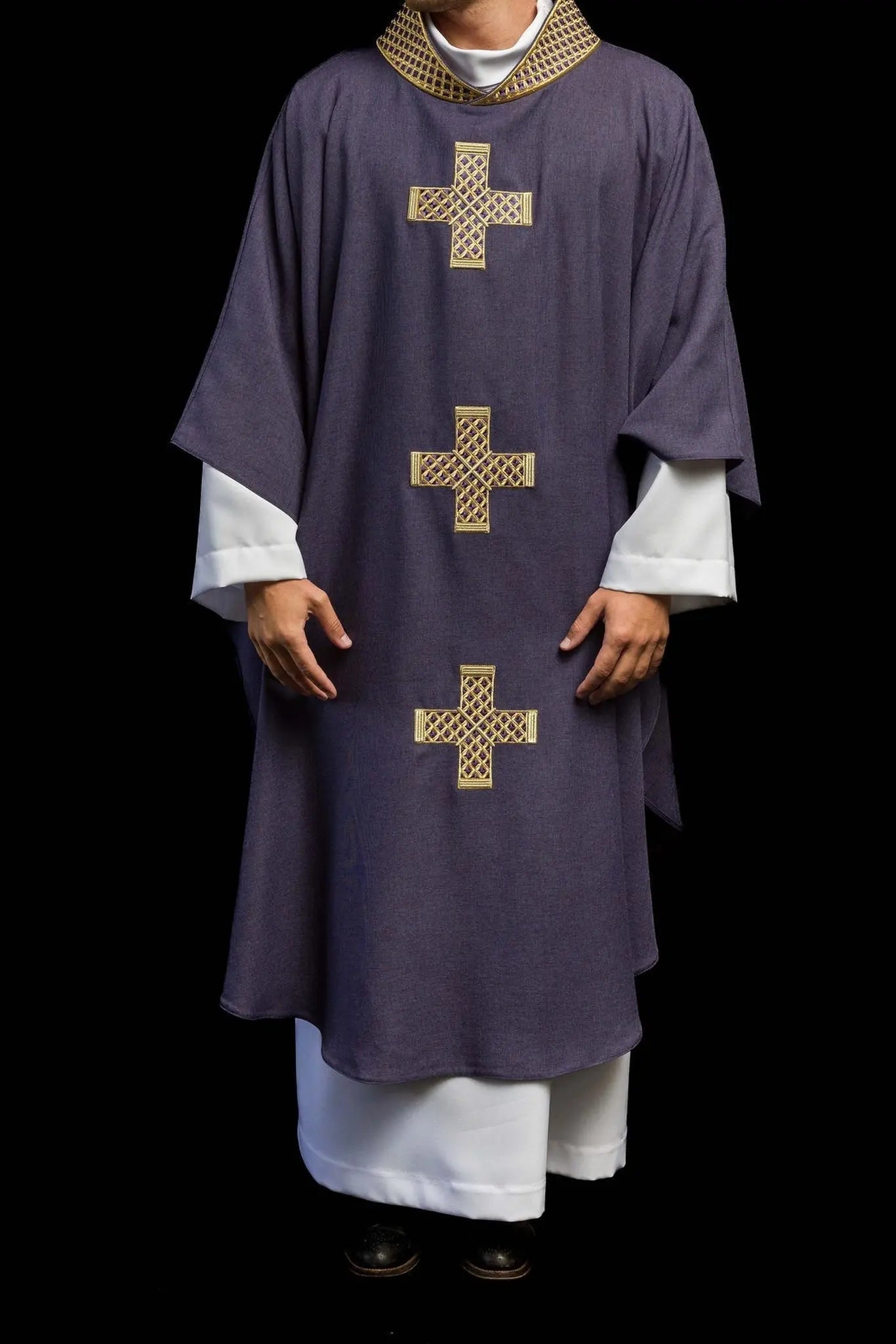 Purple chasuble with embroidered crosses and collar