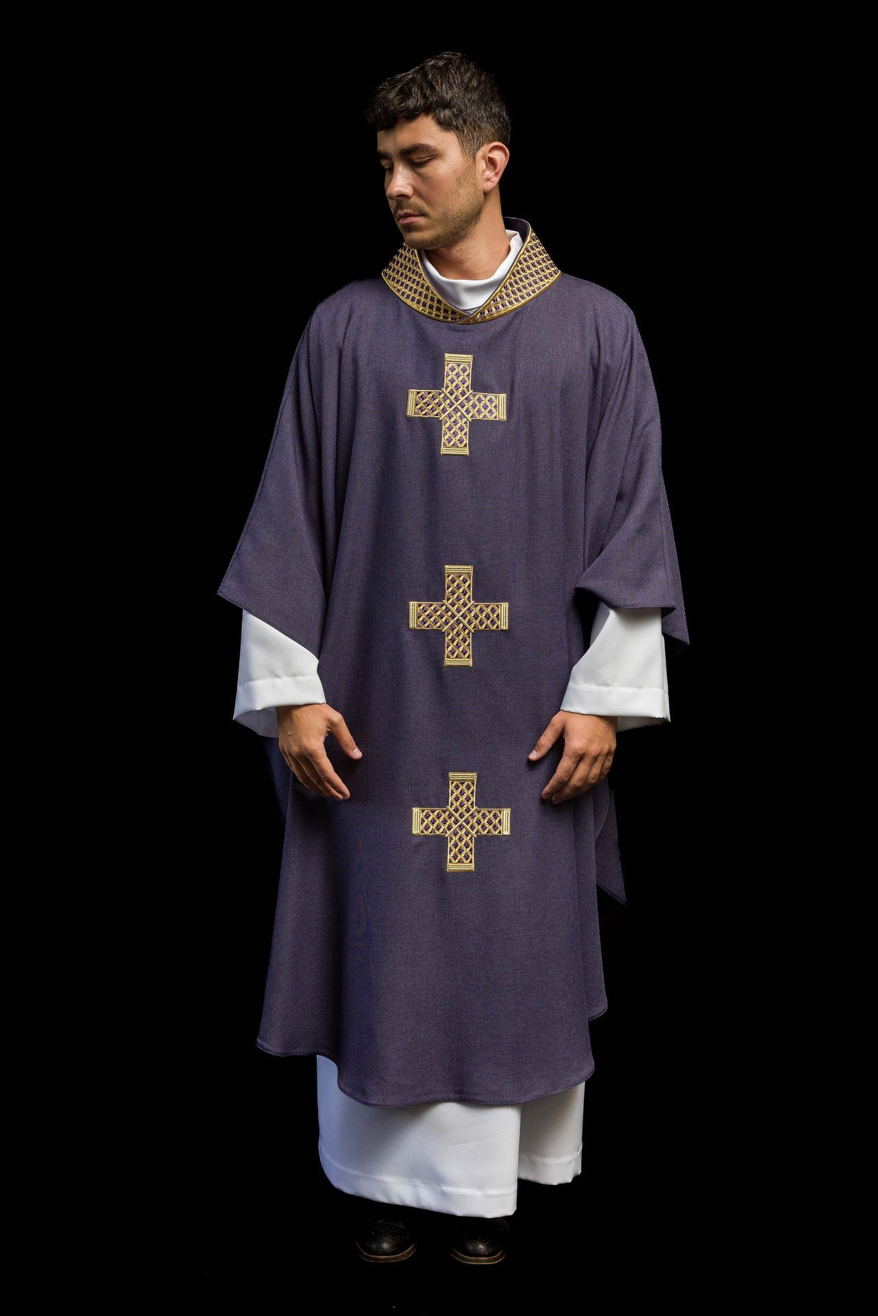 Purple chasuble with embroidered crosses and collar