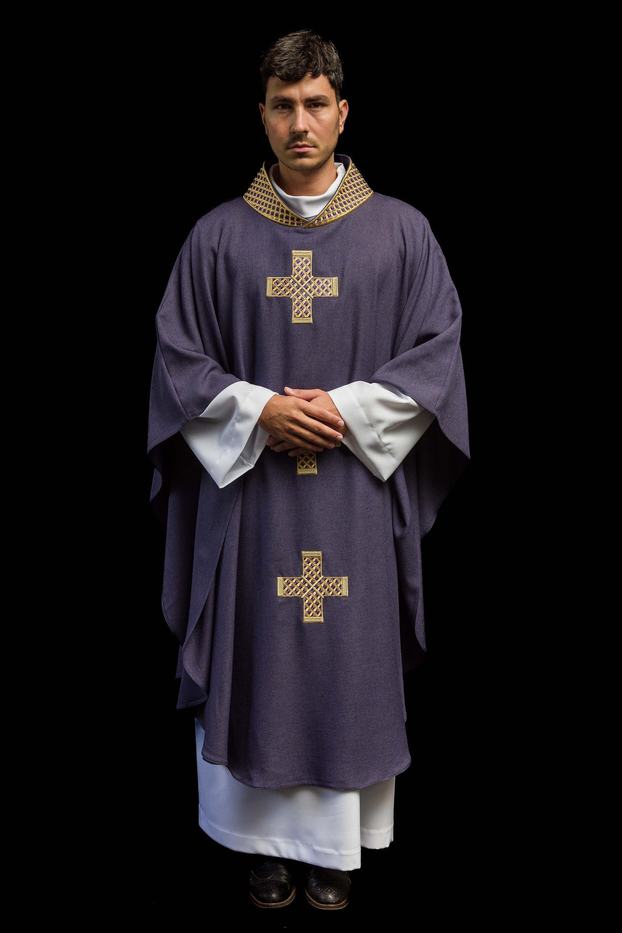 Purple chasuble with embroidered crosses and collar