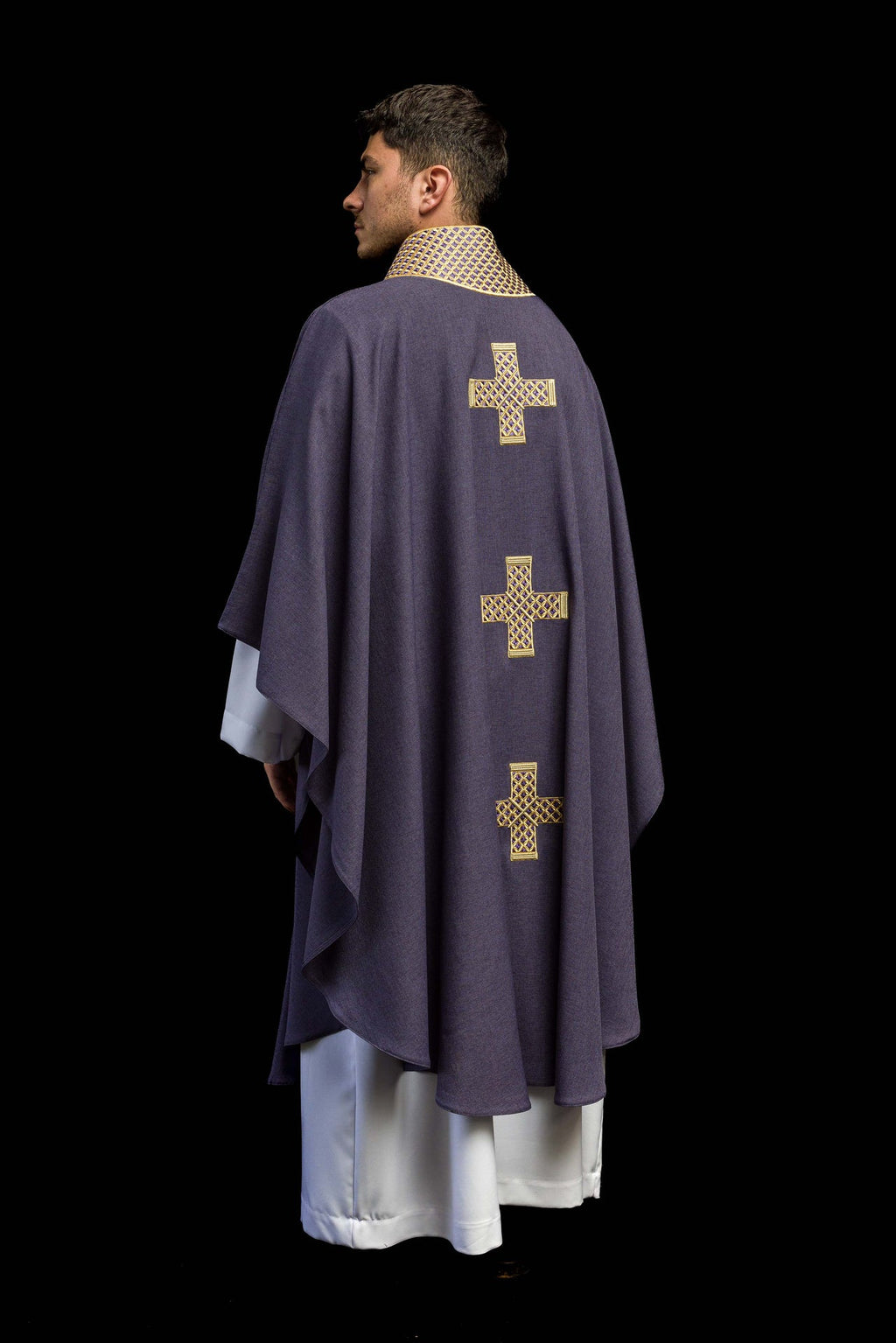 Purple chasuble with embroidered crosses and collar