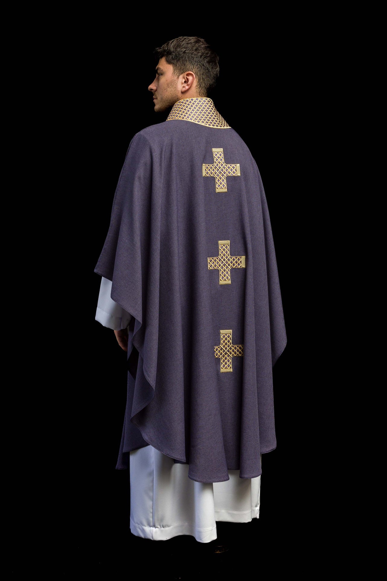 Purple chasuble with embroidered crosses and collar