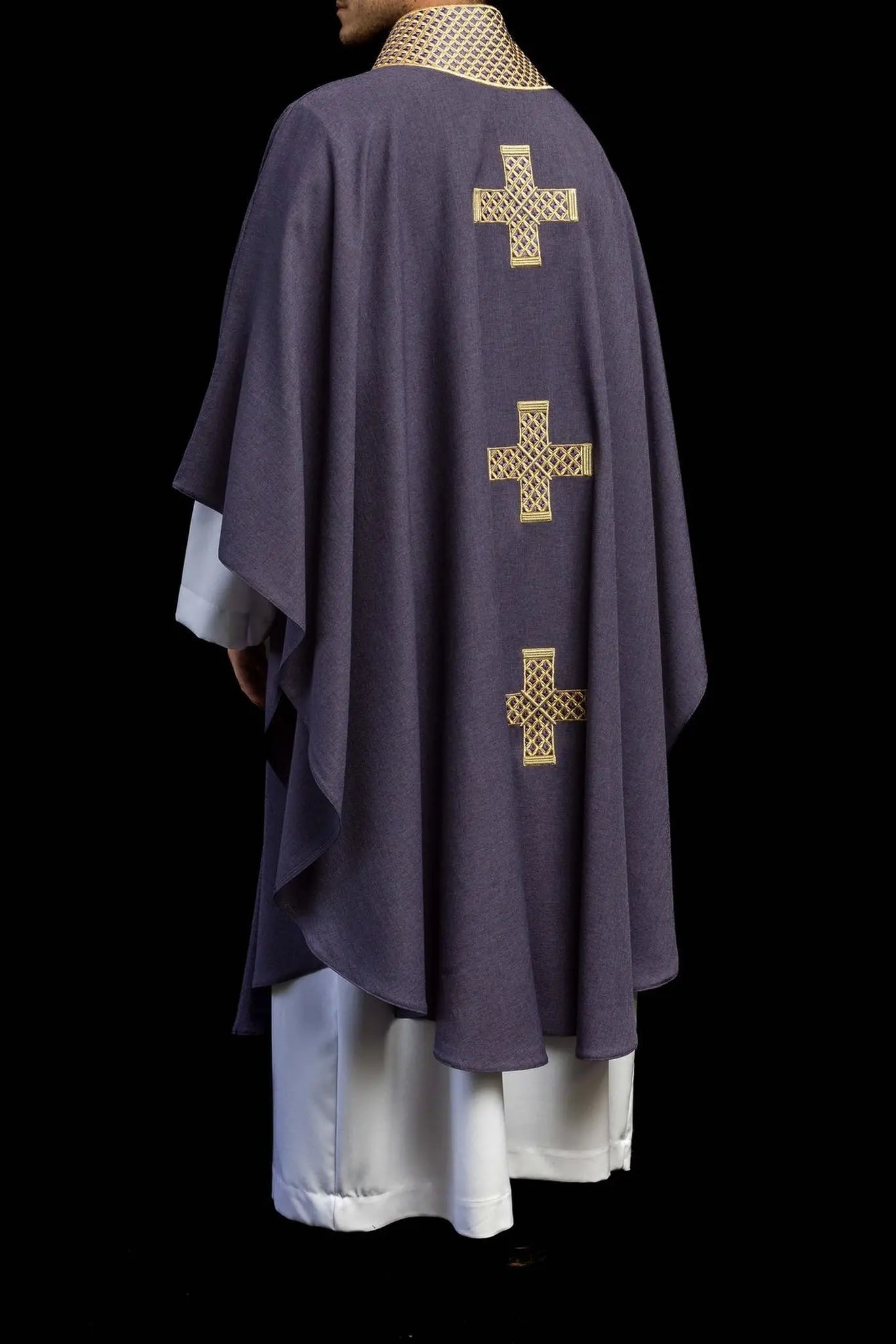 Purple chasuble with embroidered crosses and collar