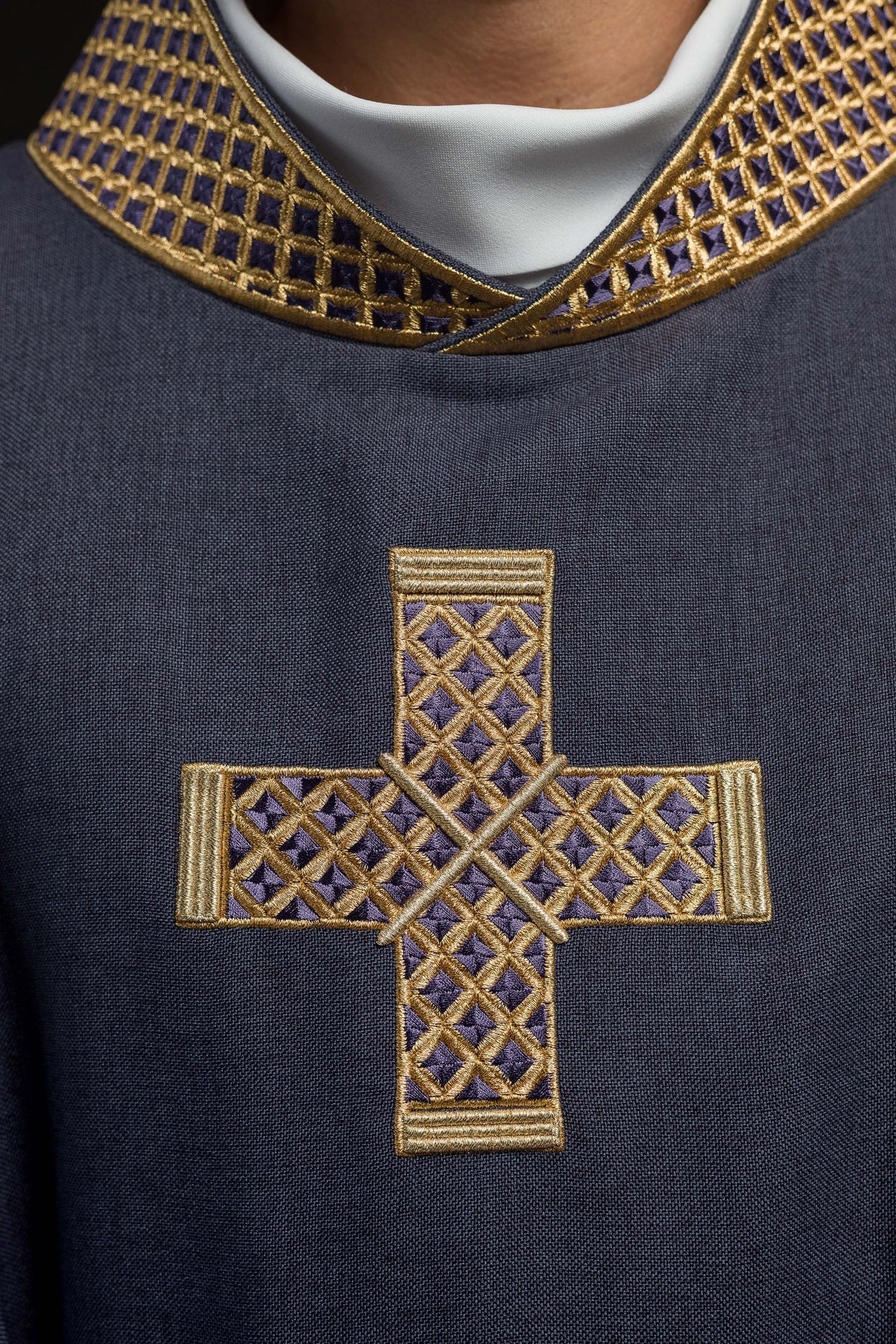 Purple chasuble with embroidered crosses and collar