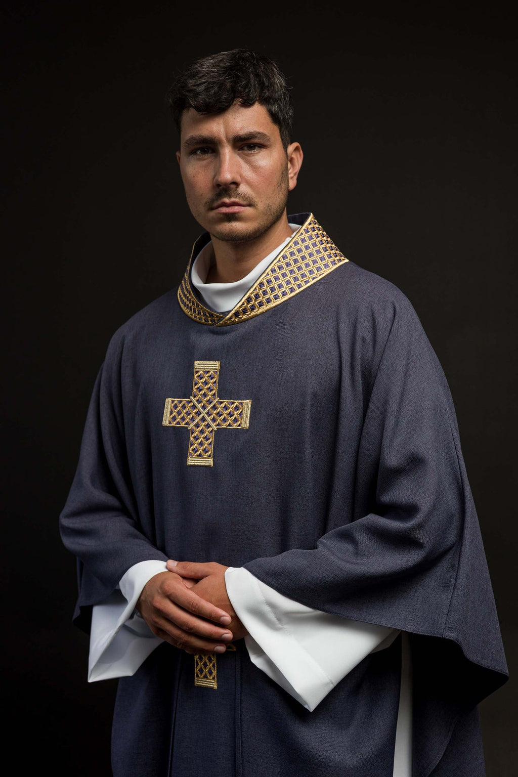 Purple chasuble with embroidered crosses and collar