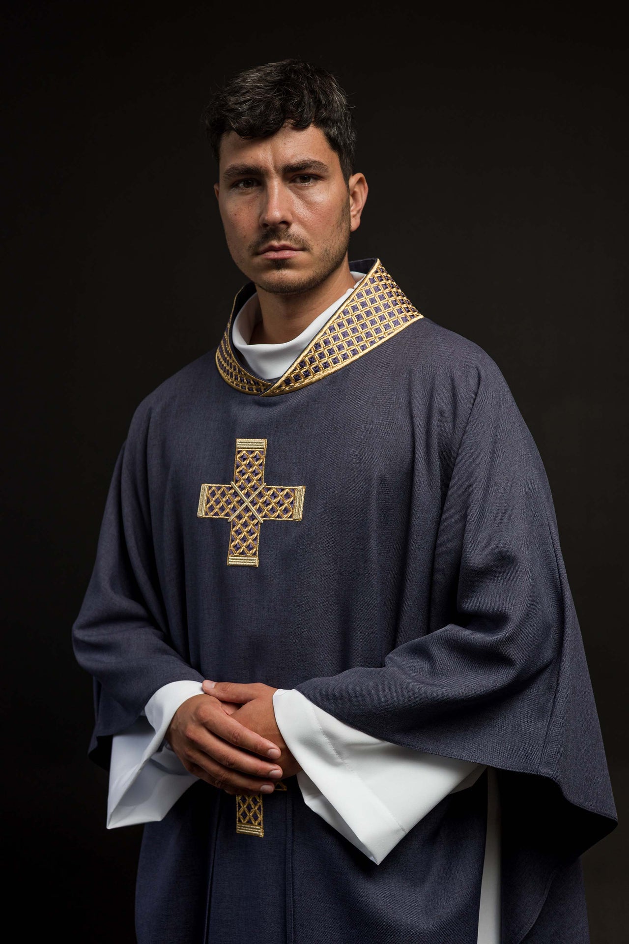 Purple chasuble with embroidered crosses and collar