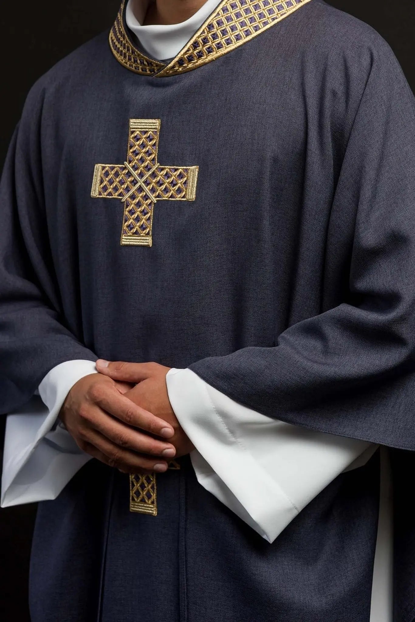 Purple chasuble with embroidered crosses and collar
