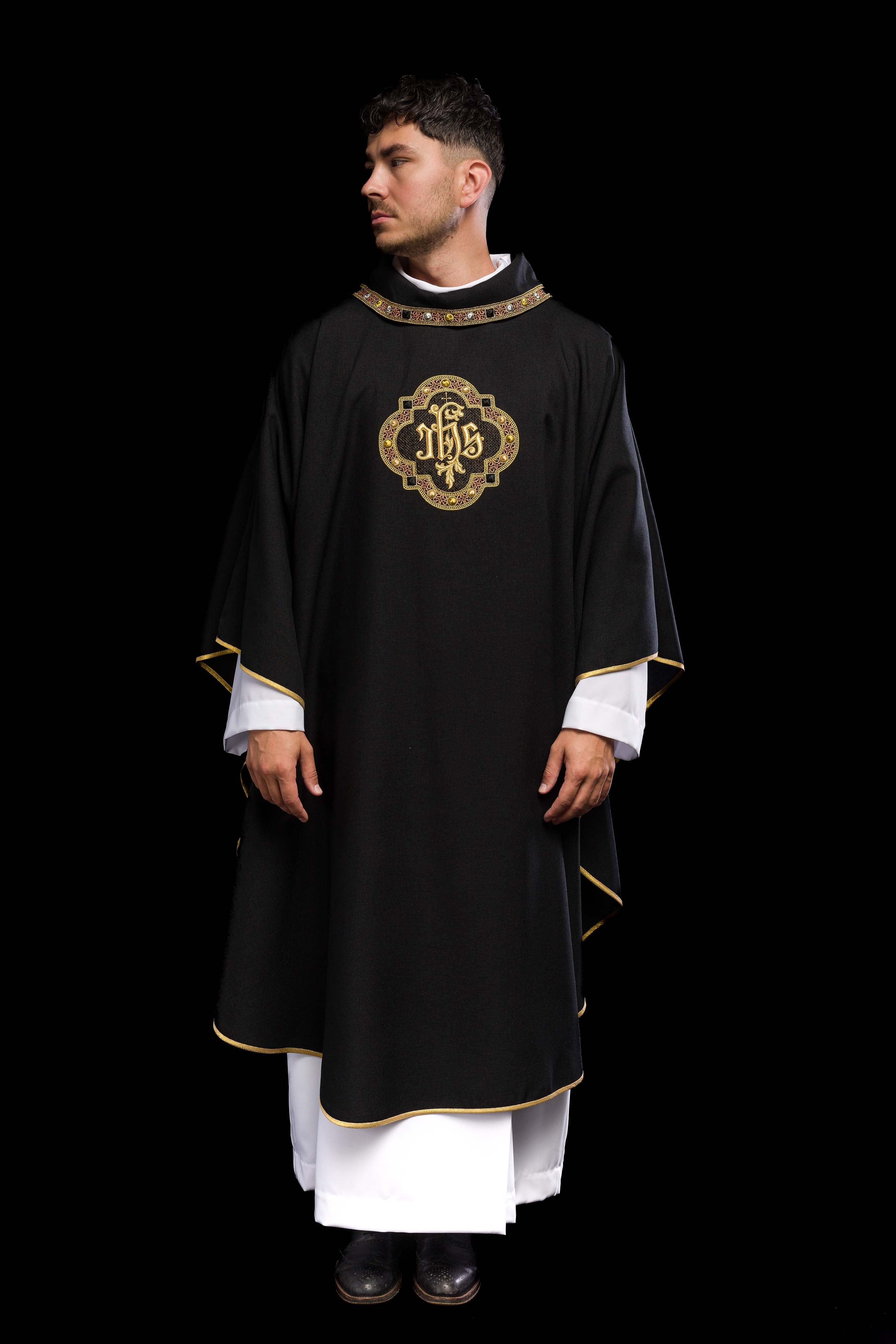 Chasuble with Richly Embroidered Band and Trim Featuring IHS, with Black Collar