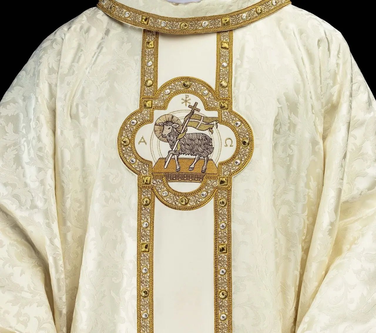 Chasuble with Embroidered Paschal Lamb and Orphrey in Ecru Jacquard