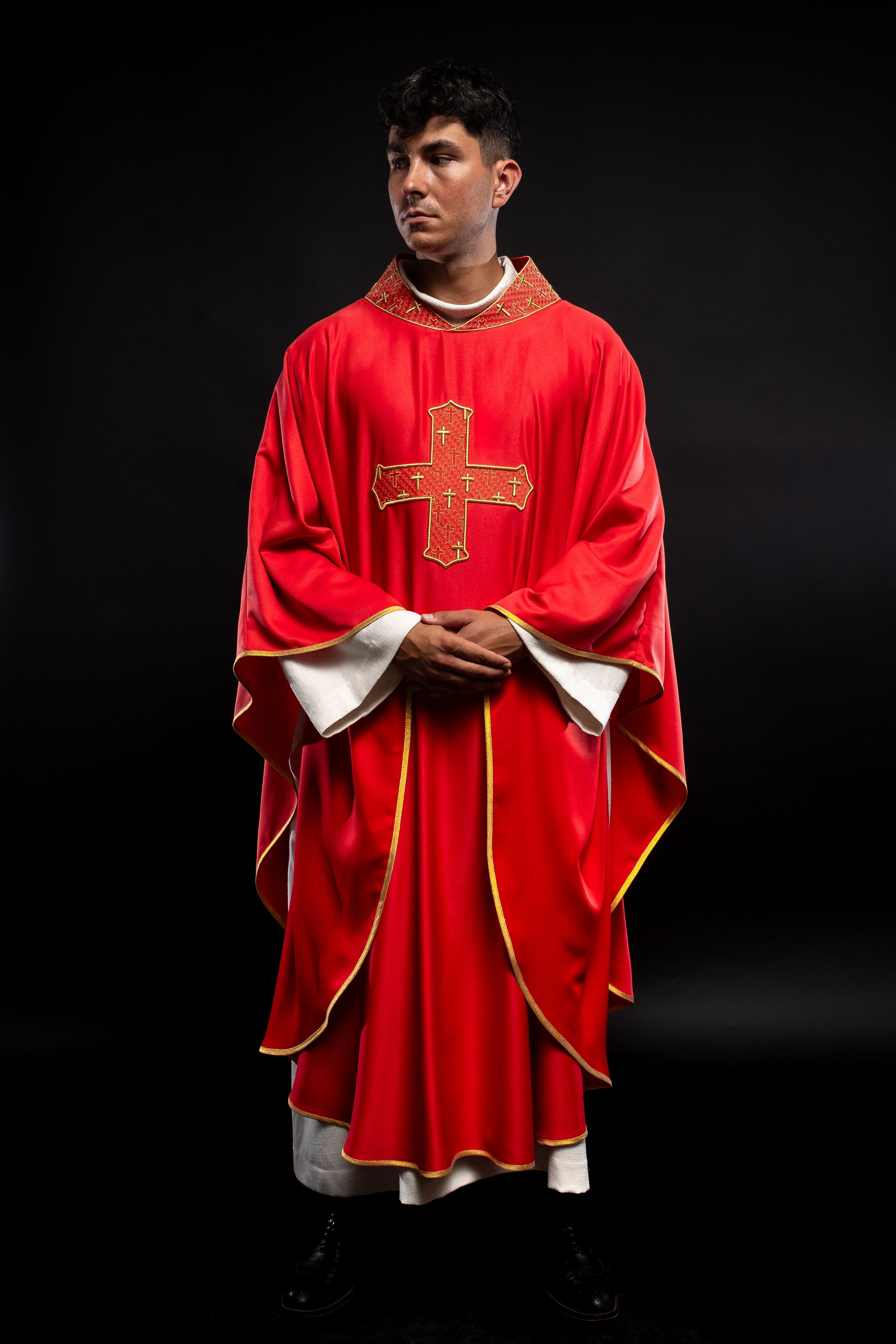 Chasuble with richly embroidered cross and collar in red