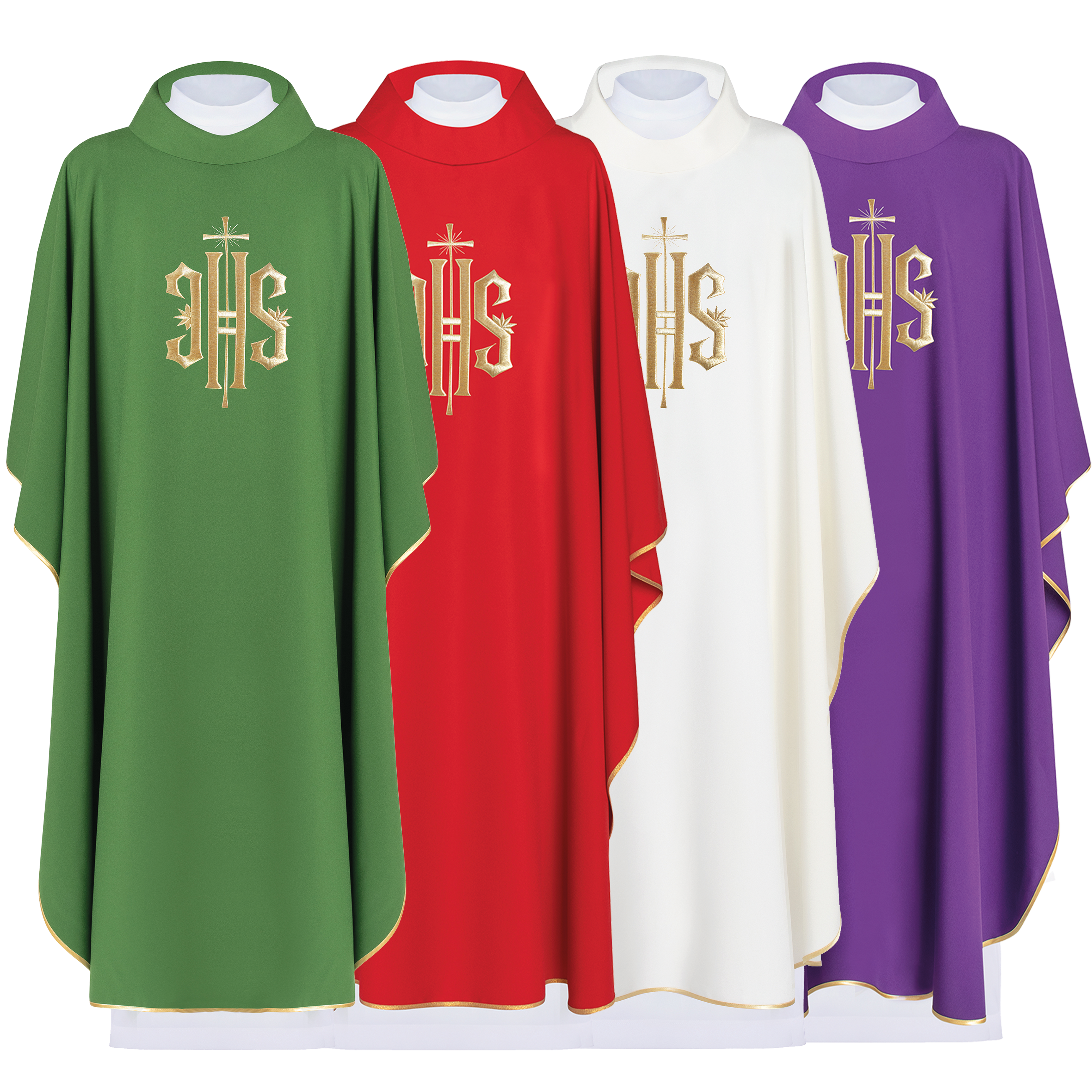 Set of chasubles in four colors with gold IHS motif