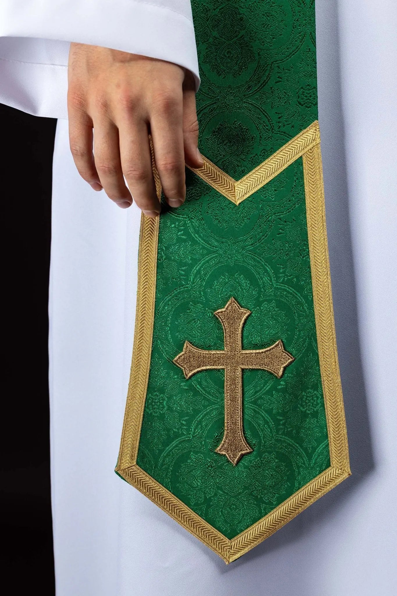 Green Jacquard Stole with Embroidered Cross
