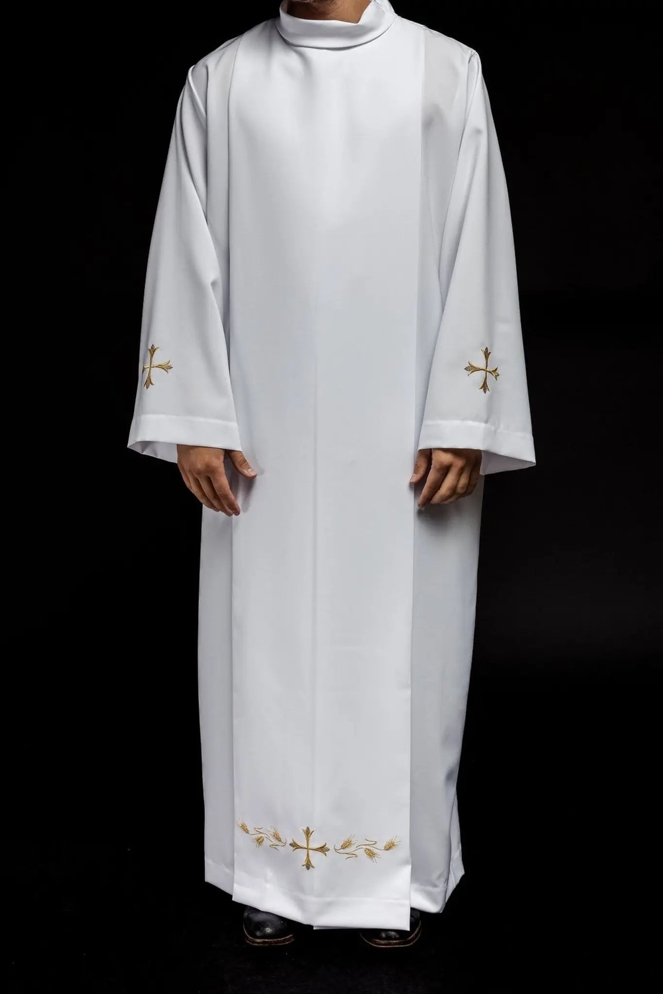 Plain priest's robe with turtleneck and cross embroidery White