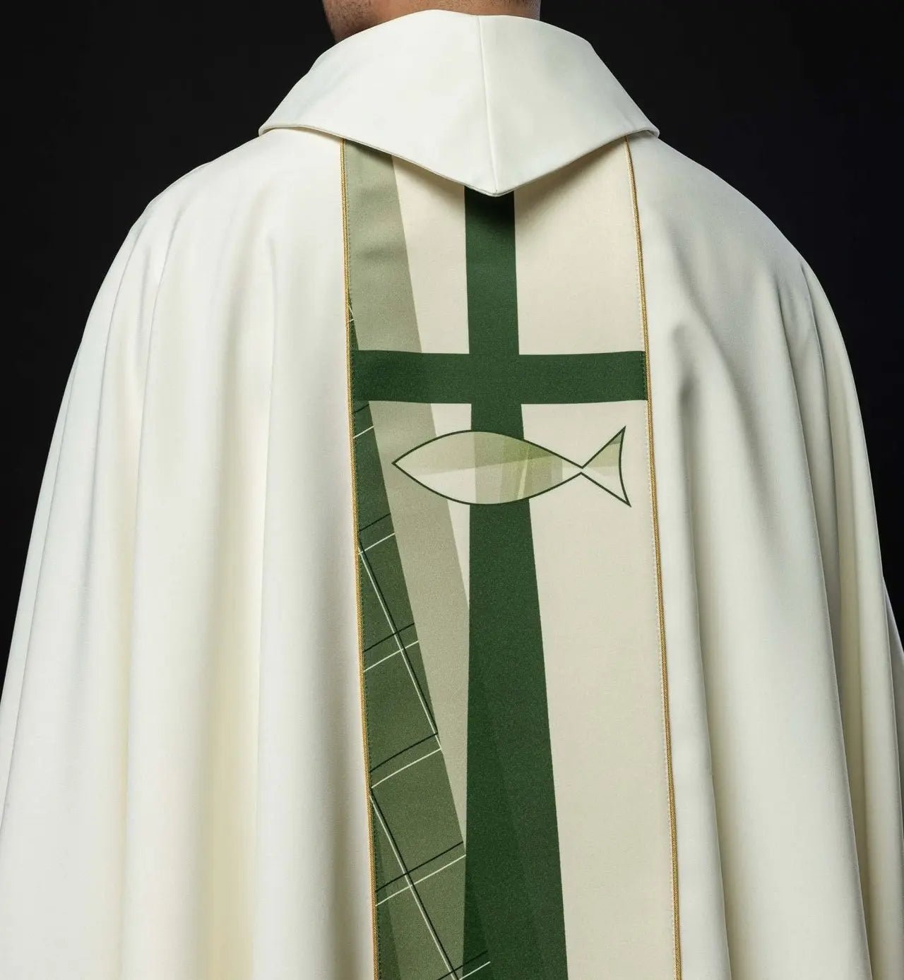 White chasuble embroidered with cross and fish pattern