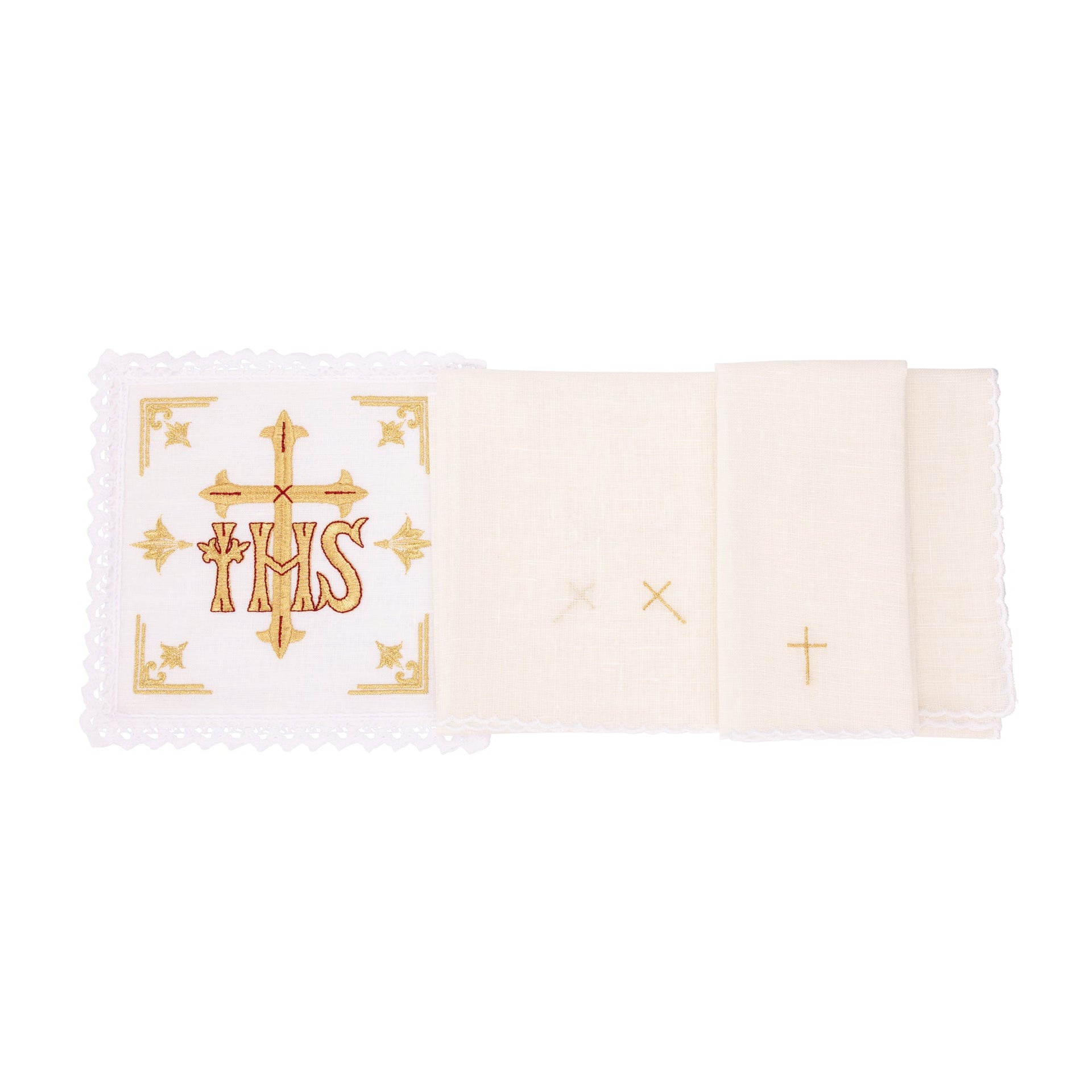 Bielizna kielichowa lniana haftowana symbol IHS Krzyż