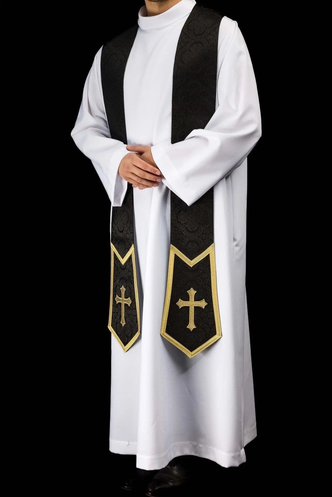 Black Jacquard Stole with Embroidered Cross - HAFTINA ATELIER