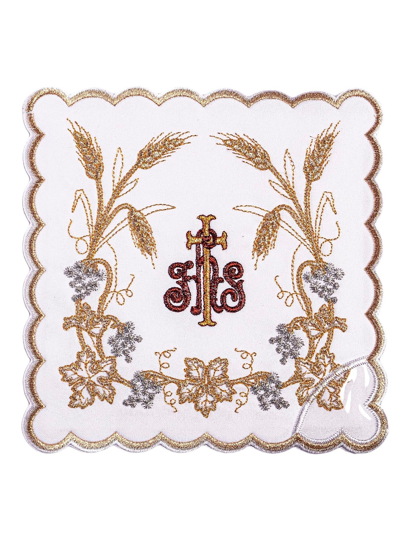 Richly decorated chalice linen with IHS embroidery and ears