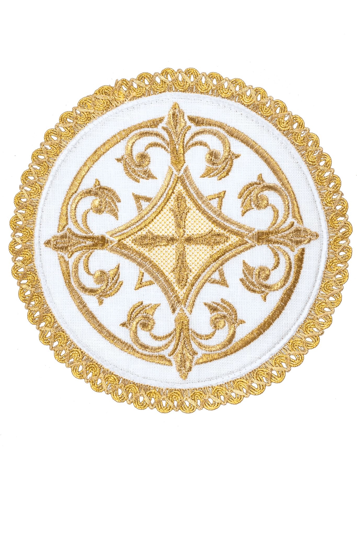 Richly decorated linen cup set with cross embroidery with rounded palle